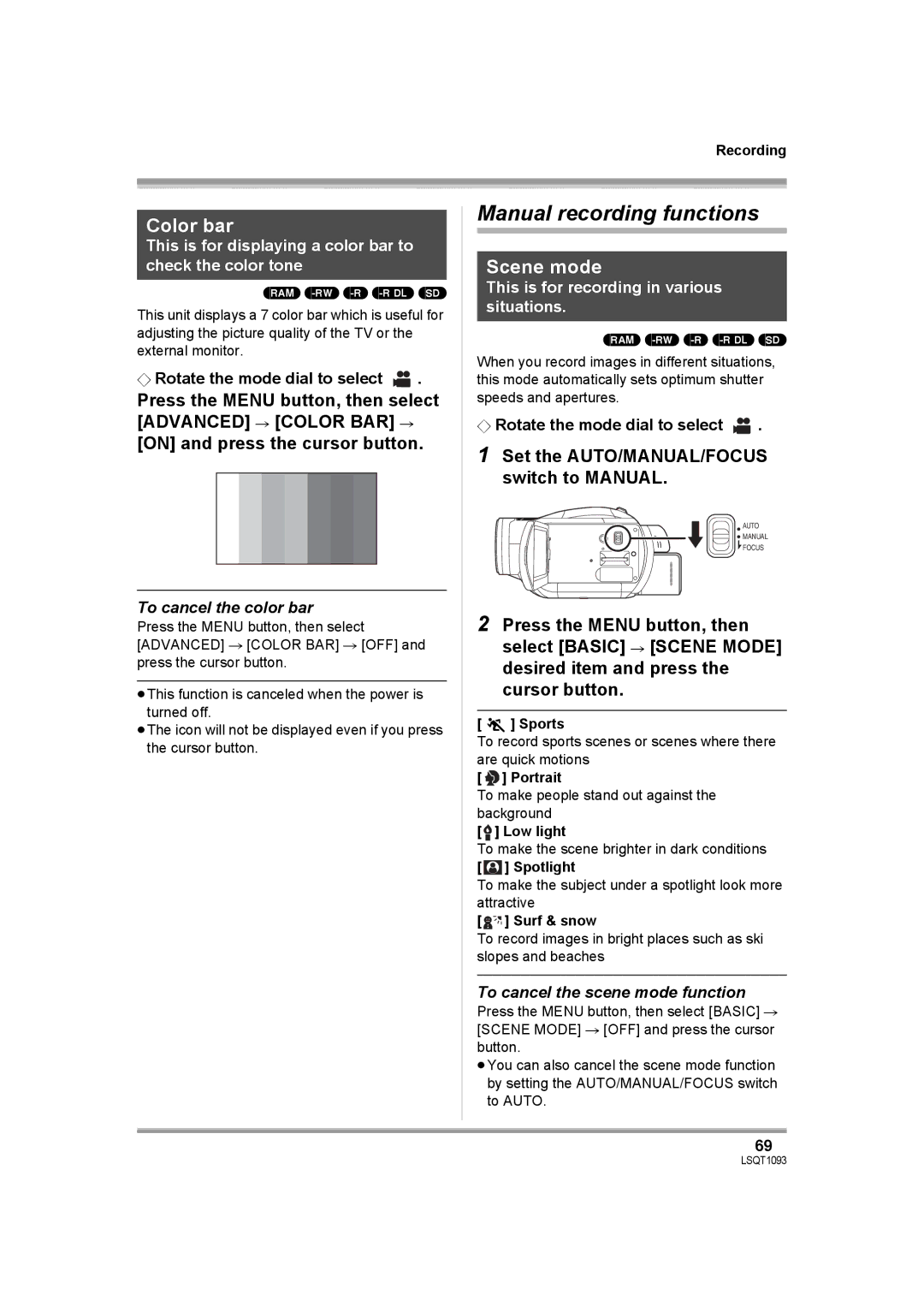 Panasonic HDC-DX1PC Manual recording functions, Color bar, Scene mode, Set the AUTO/MANUAL/FOCUS switch to Manual 