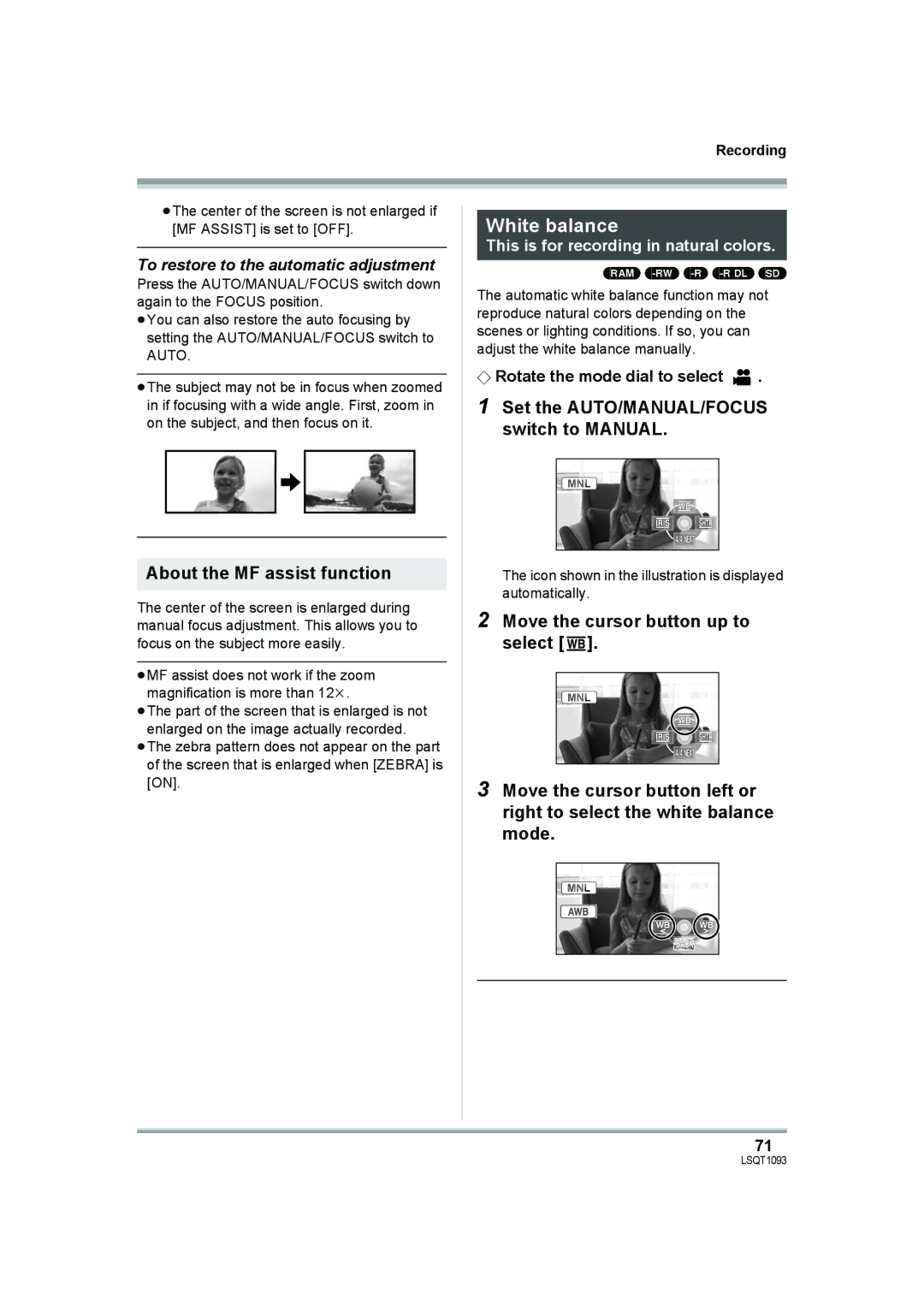 Panasonic HDC-DX1PC White balance, About the MF assist function, To restore to the automatic adjustment 