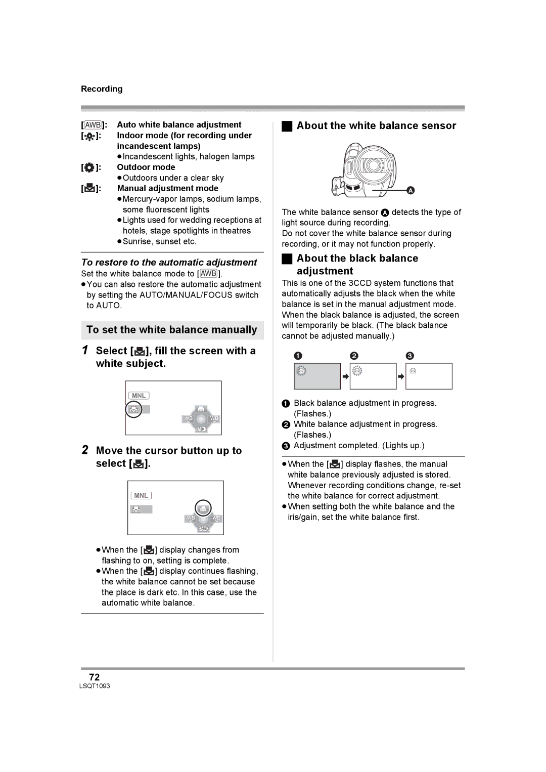 Panasonic HDC-DX1PC operating instructions About the white balance sensor, About the black balance Adjustment 