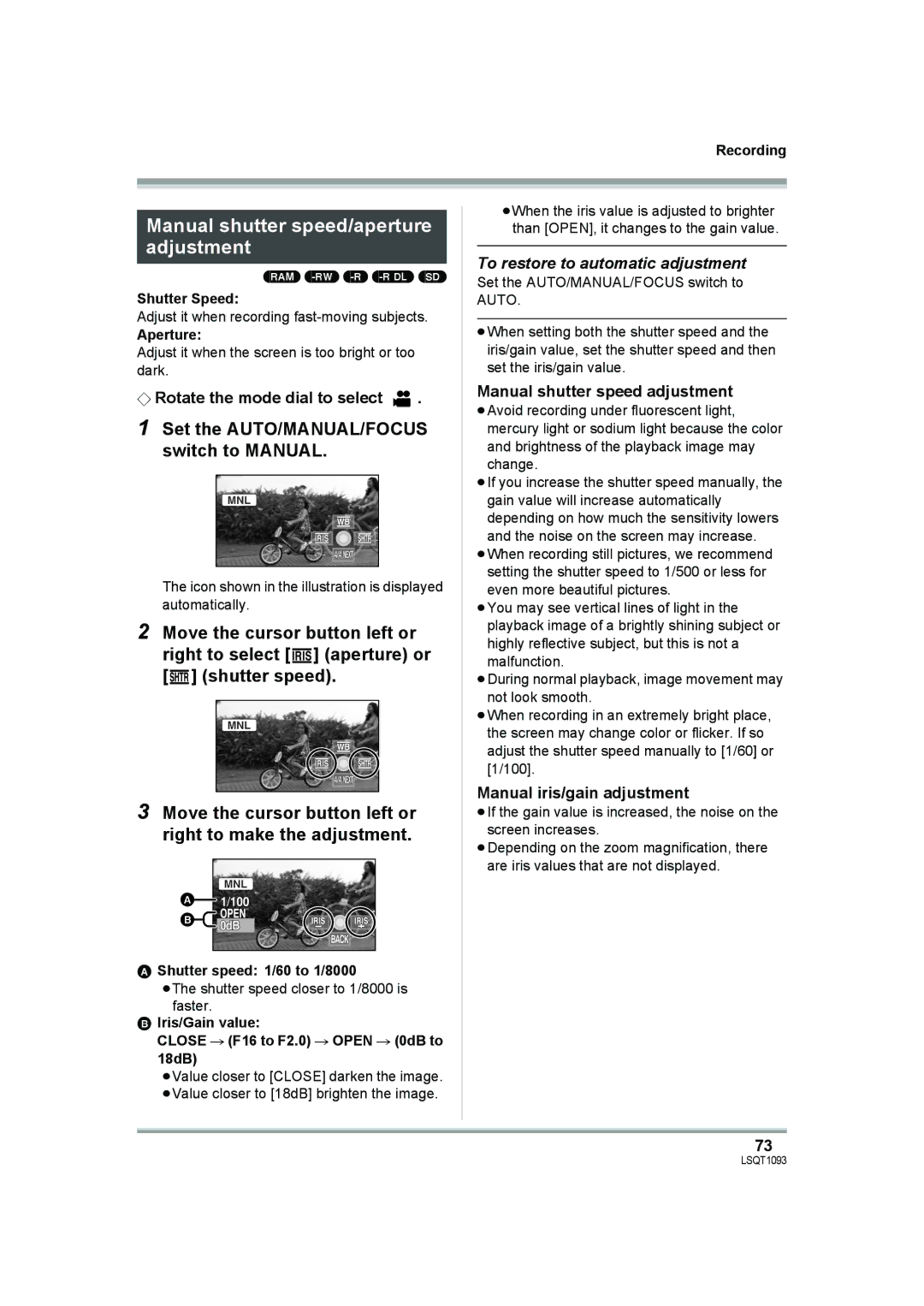 Panasonic HDC-DX1PC operating instructions Manual shutter speed/aperture adjustment, To restore to automatic adjustment 