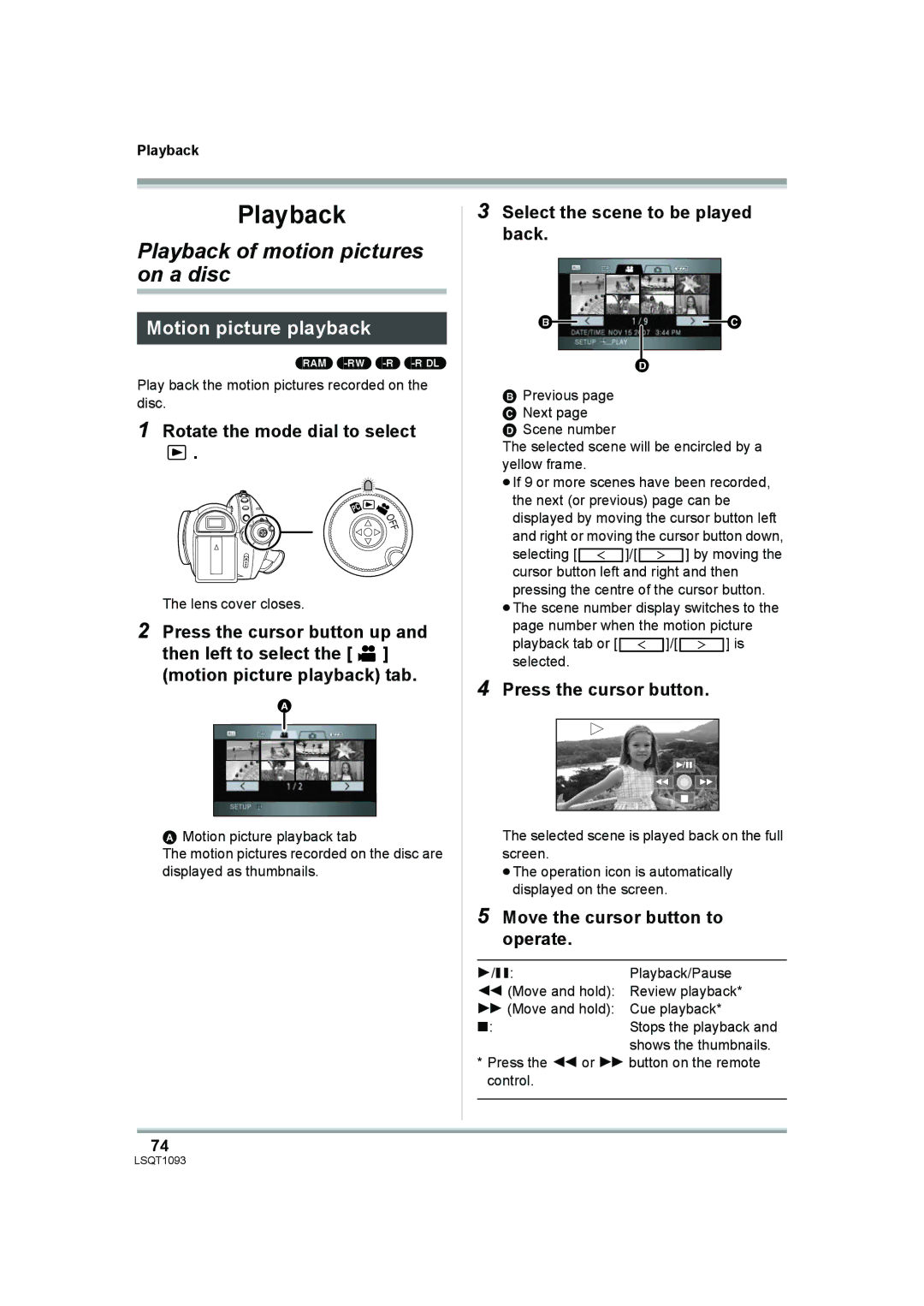 Panasonic HDC-DX1PC operating instructions Playback of motion pictures on a disc, Motion picture playback 