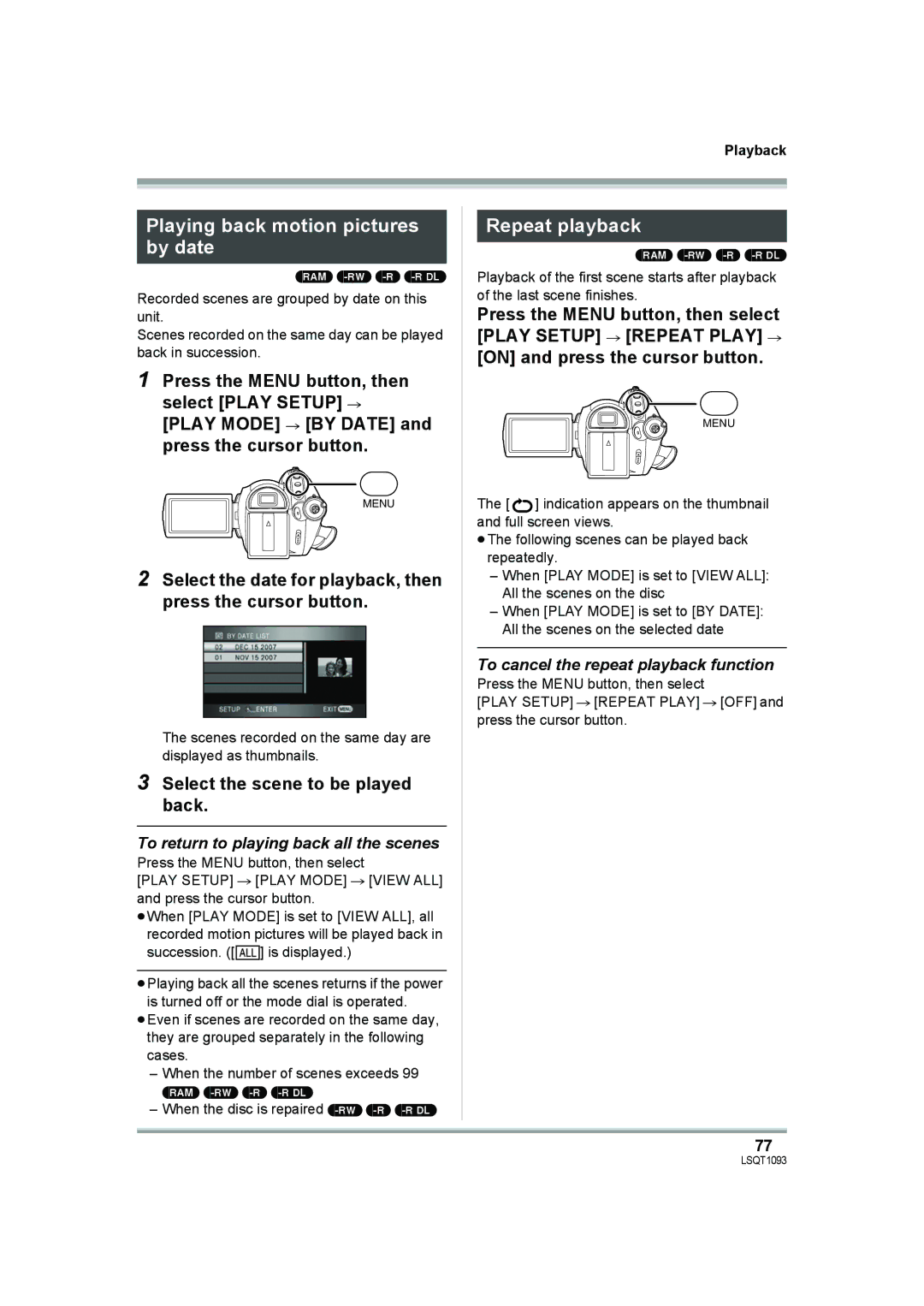 Panasonic HDC-DX1PC Playing back motion pictures by date, Repeat playback, To return to playing back all the scenes 