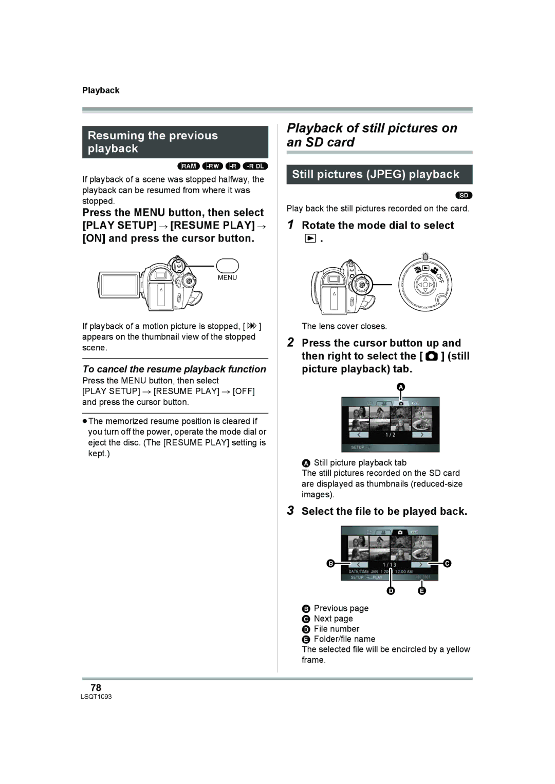 Panasonic HDC-DX1P Playback of still pictures on an SD card, Resuming the previous playback, Still pictures Jpeg playback 