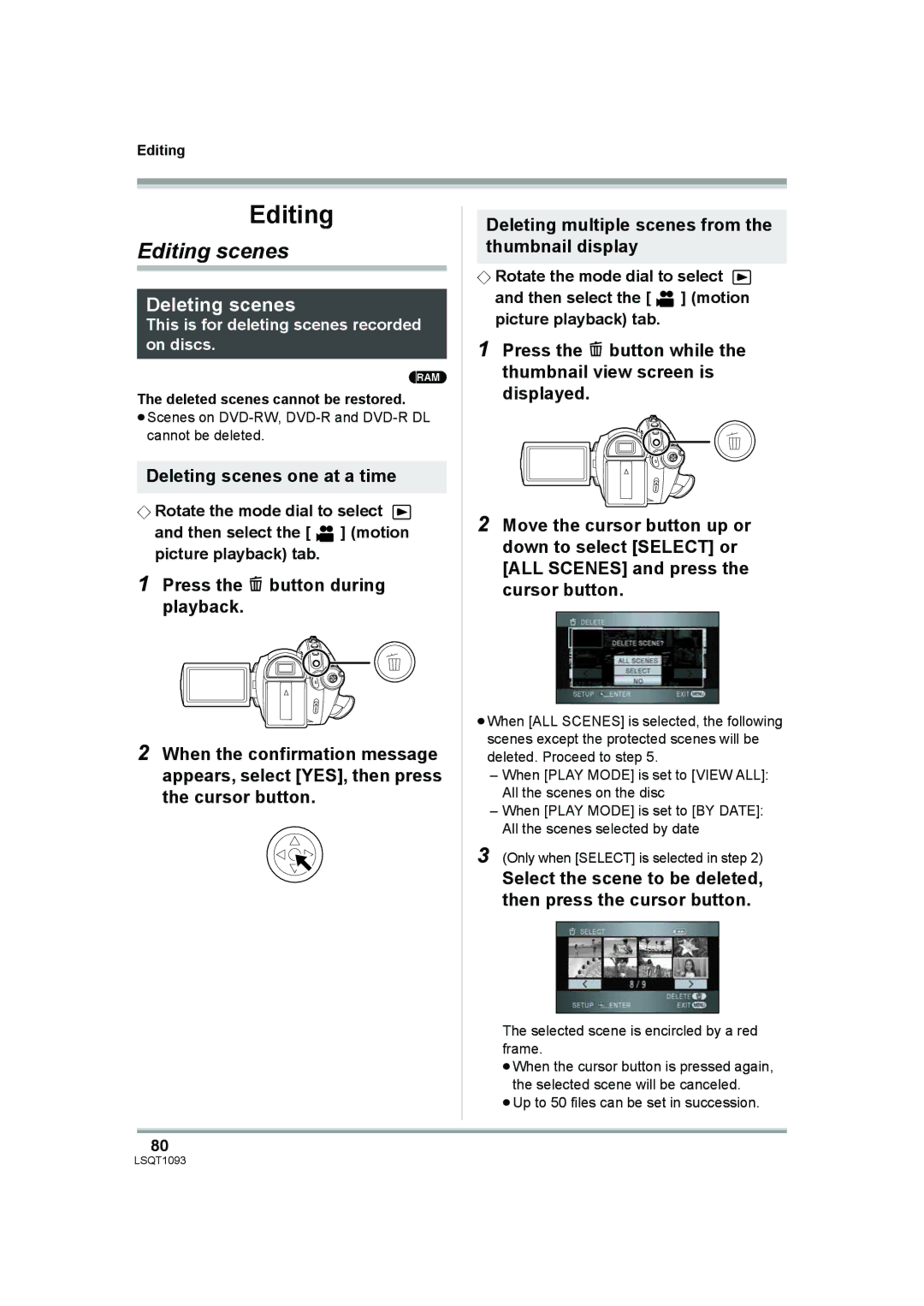 Panasonic HDC-DX1PC Editing scenes, Deleting scenes one at a time, Deleted scenes cannot be restored 