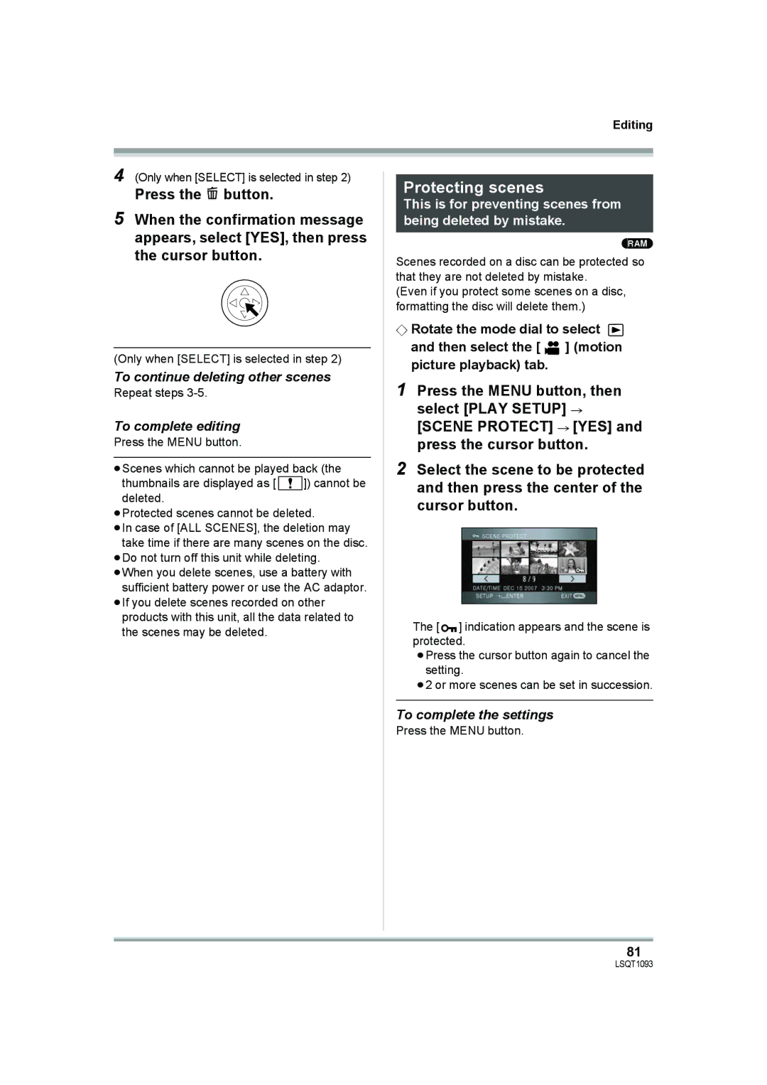 Panasonic HDC-DX1PC Protecting scenes, To continue deleting other scenes, To complete editing, To complete the settings 