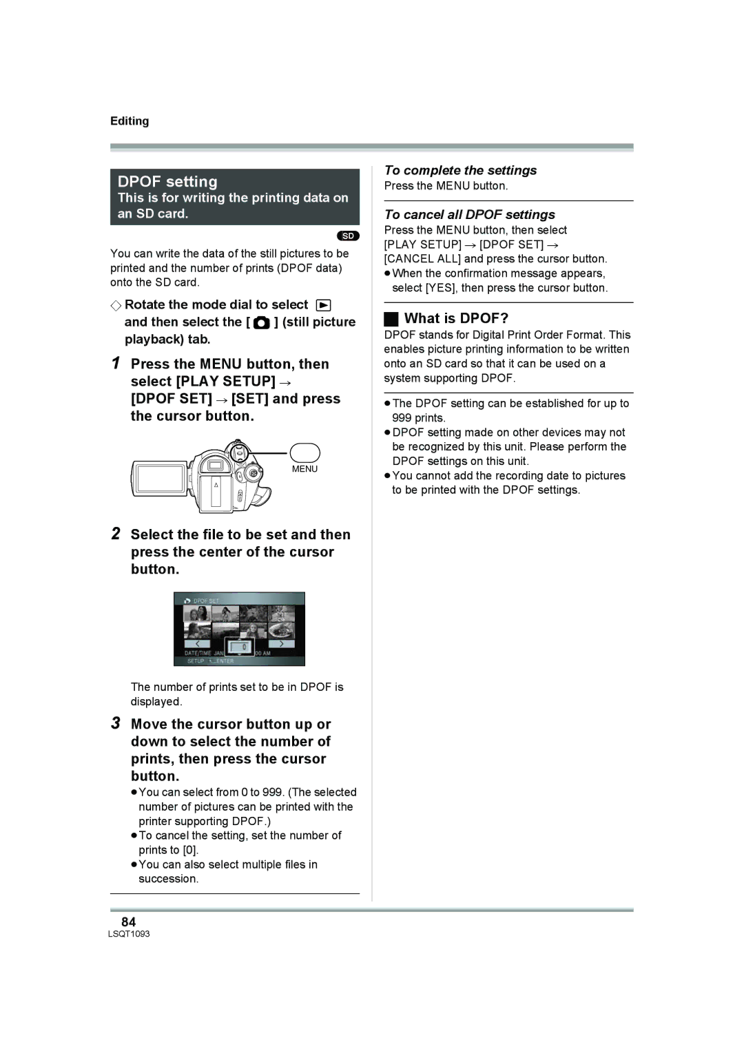 Panasonic HDC-DX1P What is DPOF?, To cancel all Dpof settings, Number of prints set to be in Dpof is displayed 