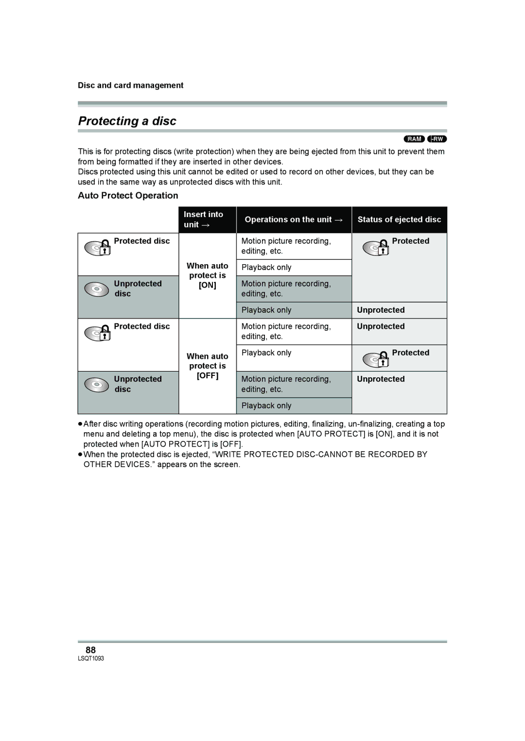 Panasonic HDC-DX1P Protecting a disc, Auto Protect Operation, Protected disc Motion picture recording Editing, etc 