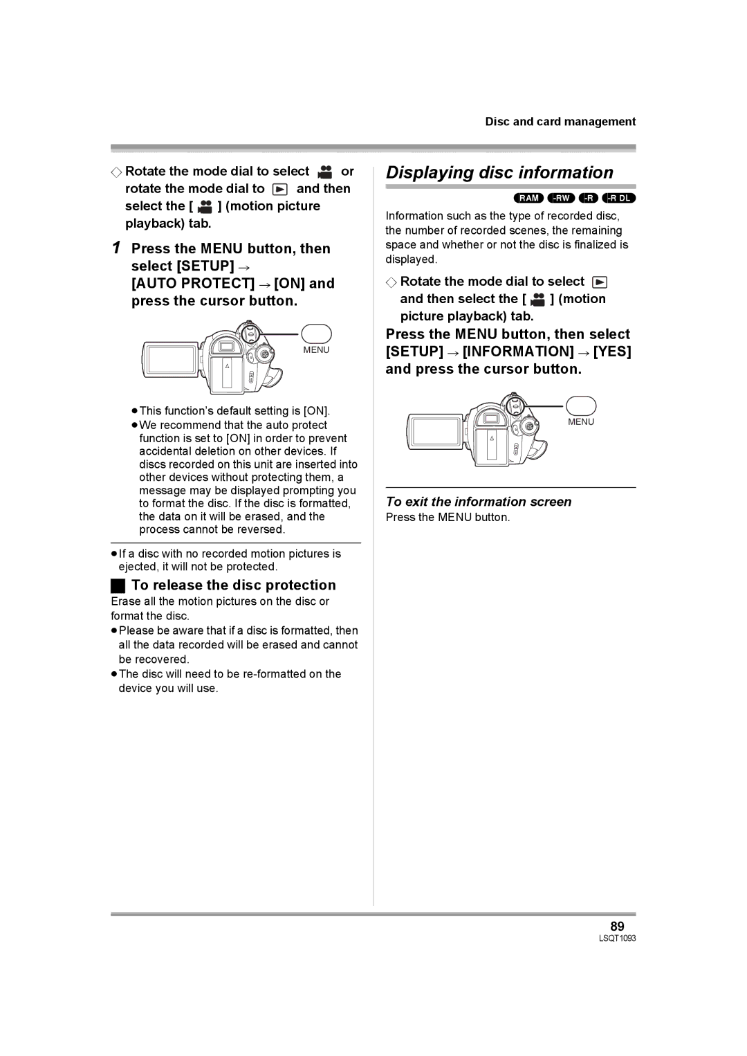 Panasonic HDC-DX1PC Displaying disc information, To release the disc protection, To exit the information screen 