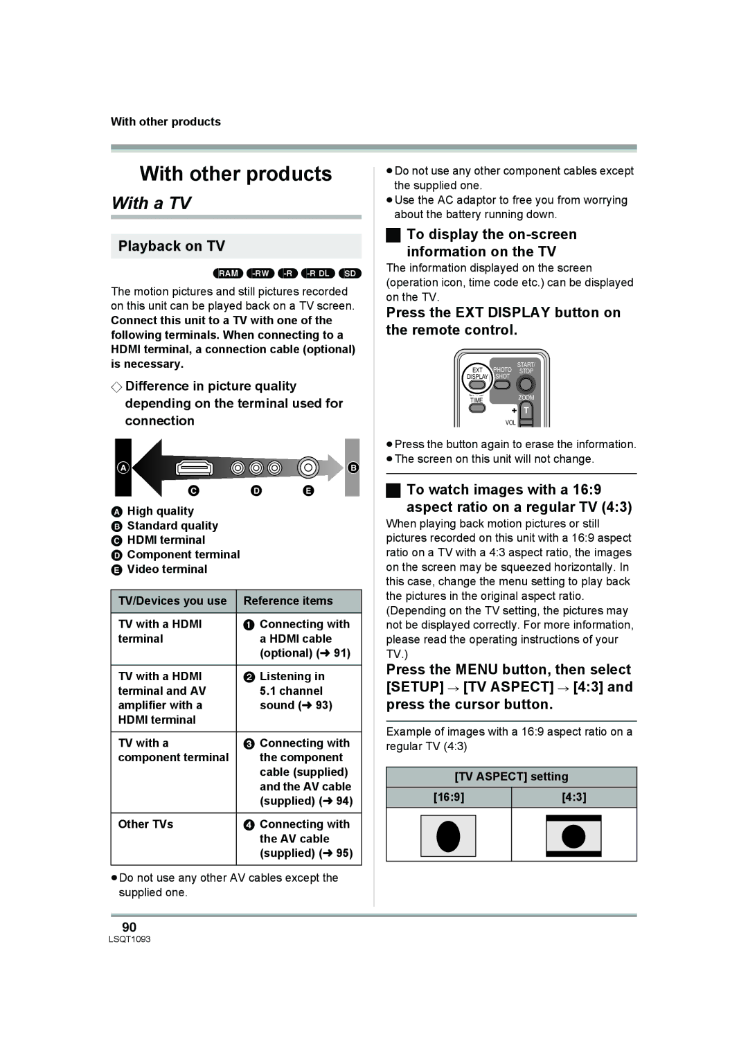 Panasonic HDC-DX1PC operating instructions With a TV, Playback on TV, To display the on-screen Information on the TV 