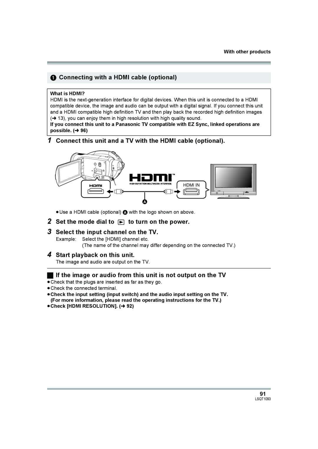 Panasonic HDC-DX1PC Connecting with a Hdmi cable optional, Connect this unit and a TV with the Hdmi cable optional 