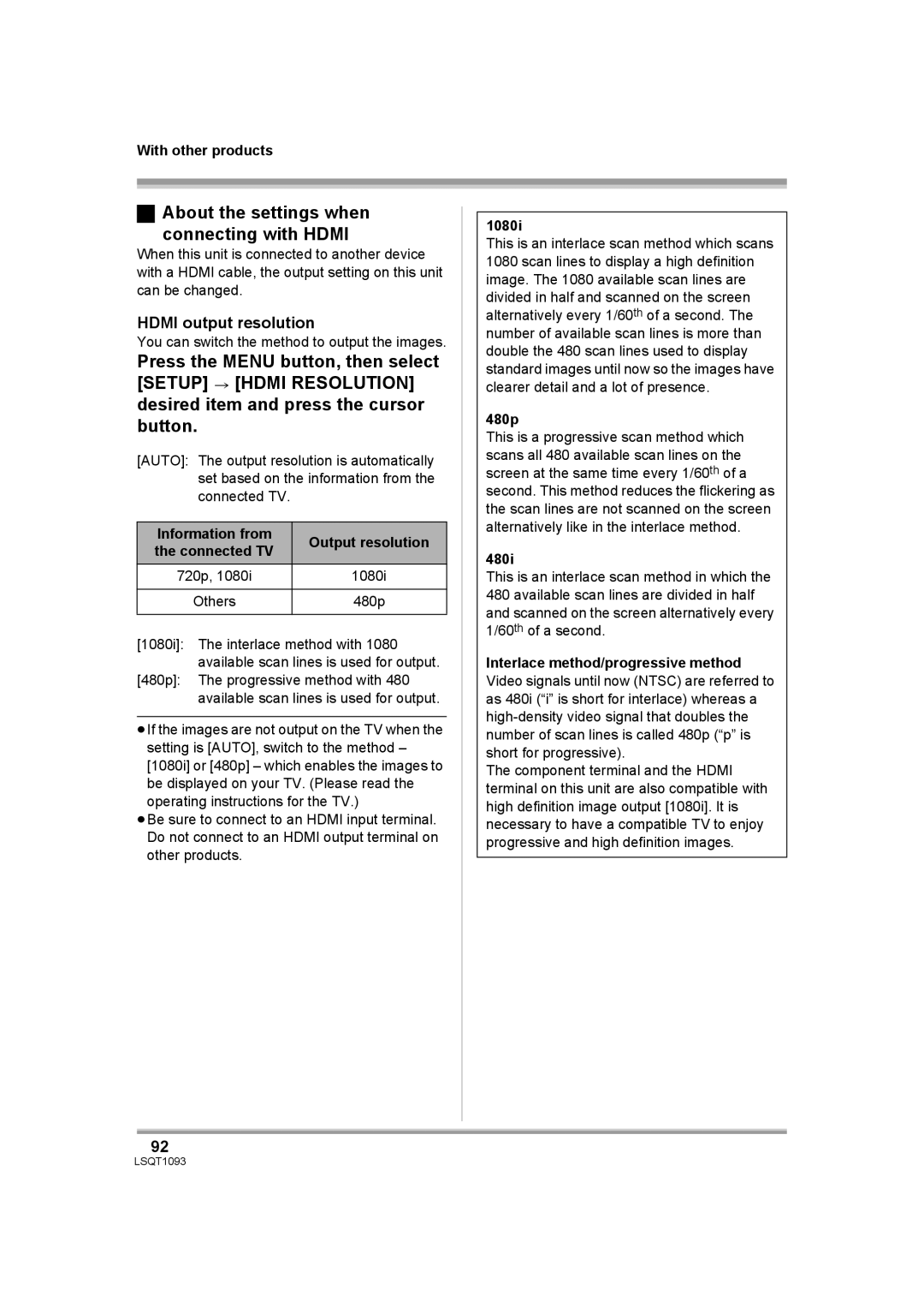 Panasonic HDC-DX1PC operating instructions About the settings when Connecting with Hdmi, Hdmi output resolution 