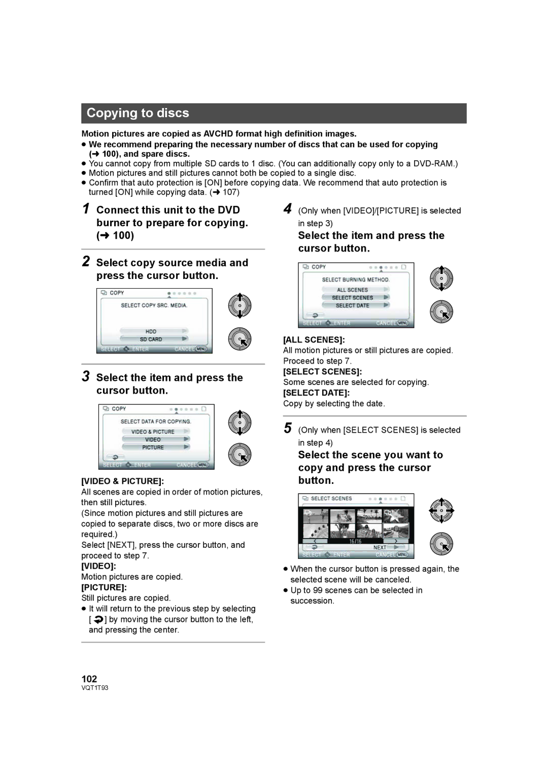 Panasonic HDC-HS100PC operating instructions Copying to discs, 102 