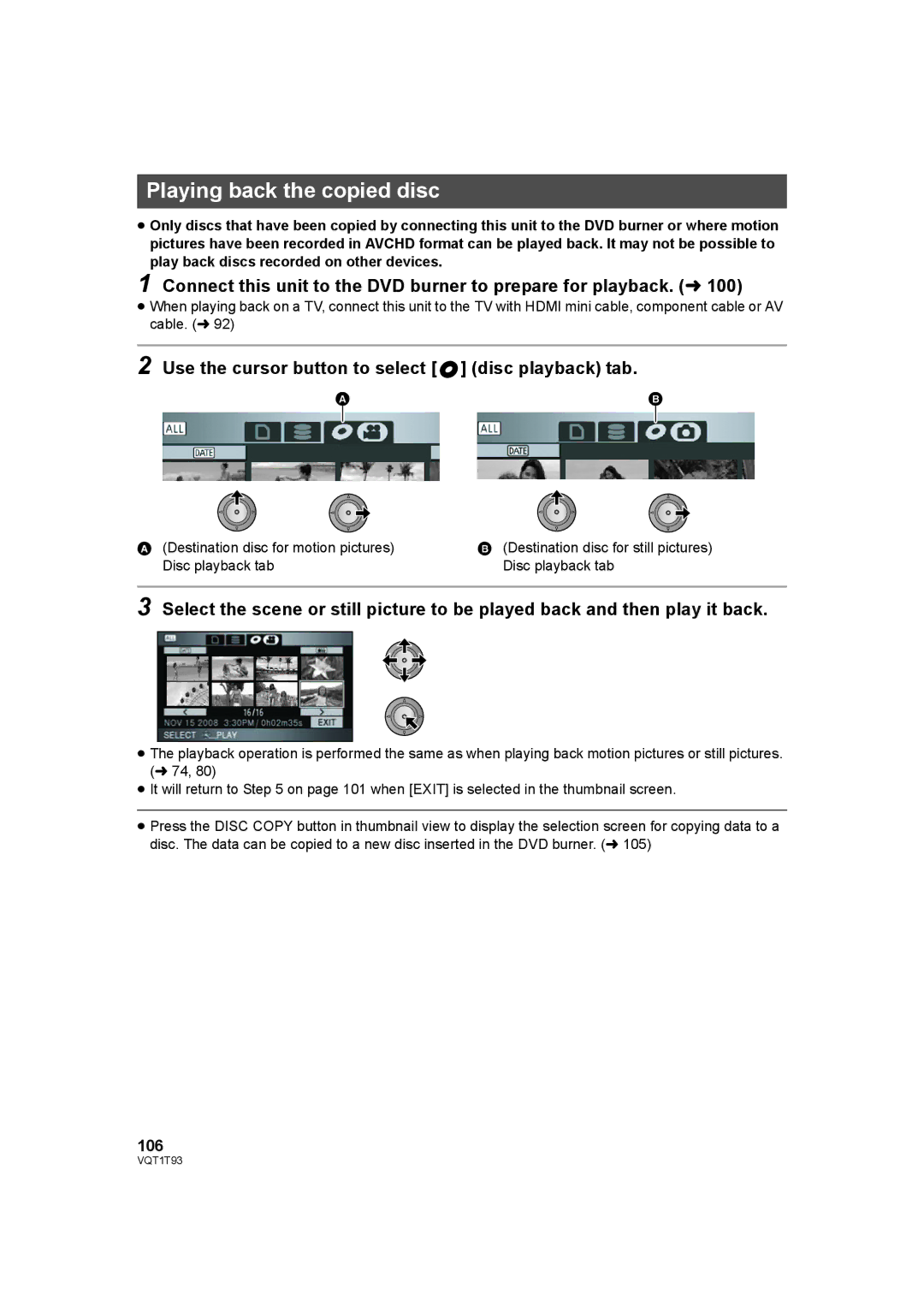 Panasonic HDC-HS100PC Playing back the copied disc, Use the cursor button to select disc playback tab, 106 