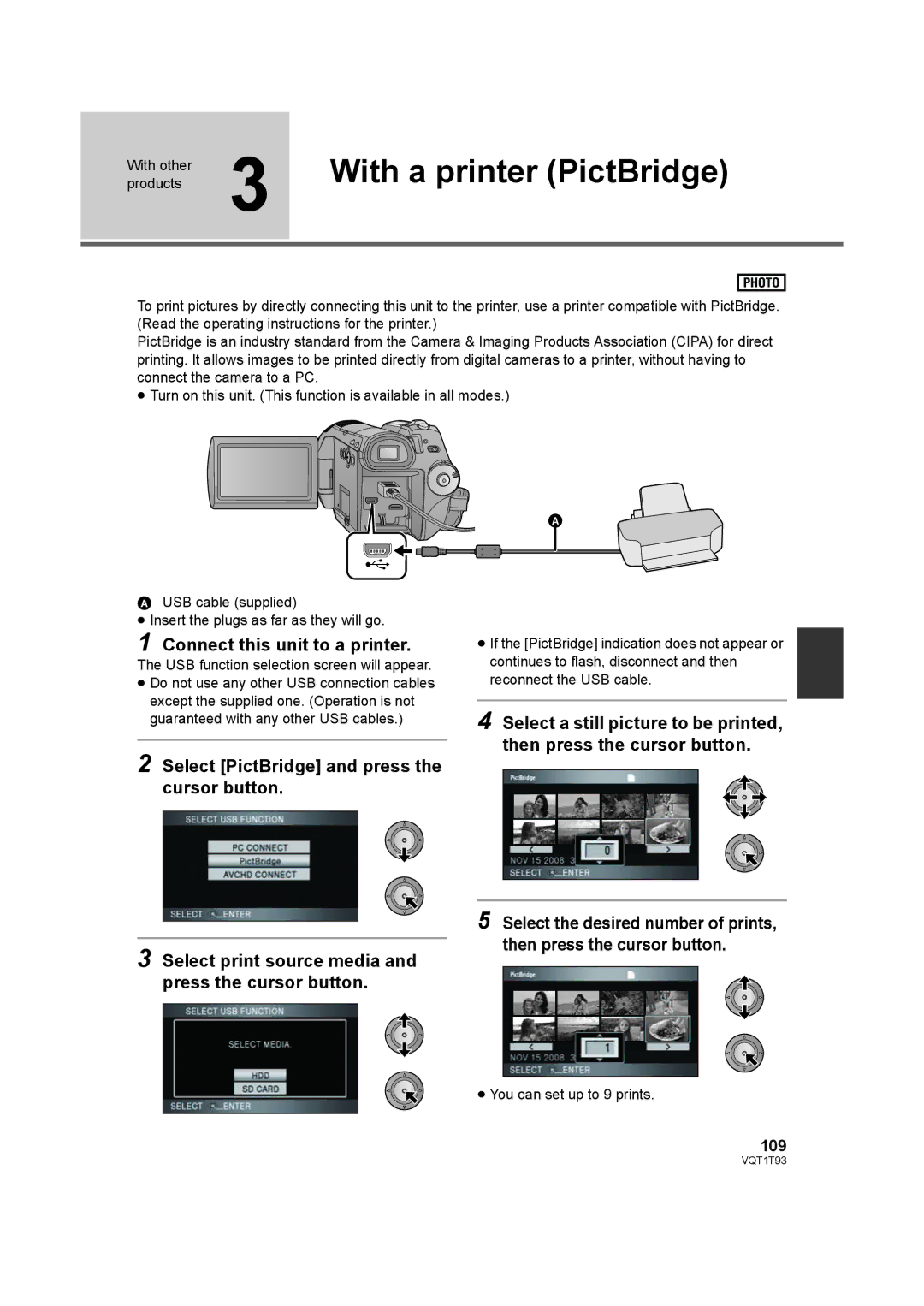 Panasonic HDC-HS100PC operating instructions With a printer PictBridge, Connect this unit to a printer, 109 