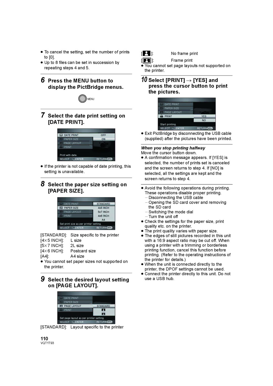 Panasonic HDC-HS100P Press the Menu button to display the PictBridge menus, Select the date print setting on Date Print 