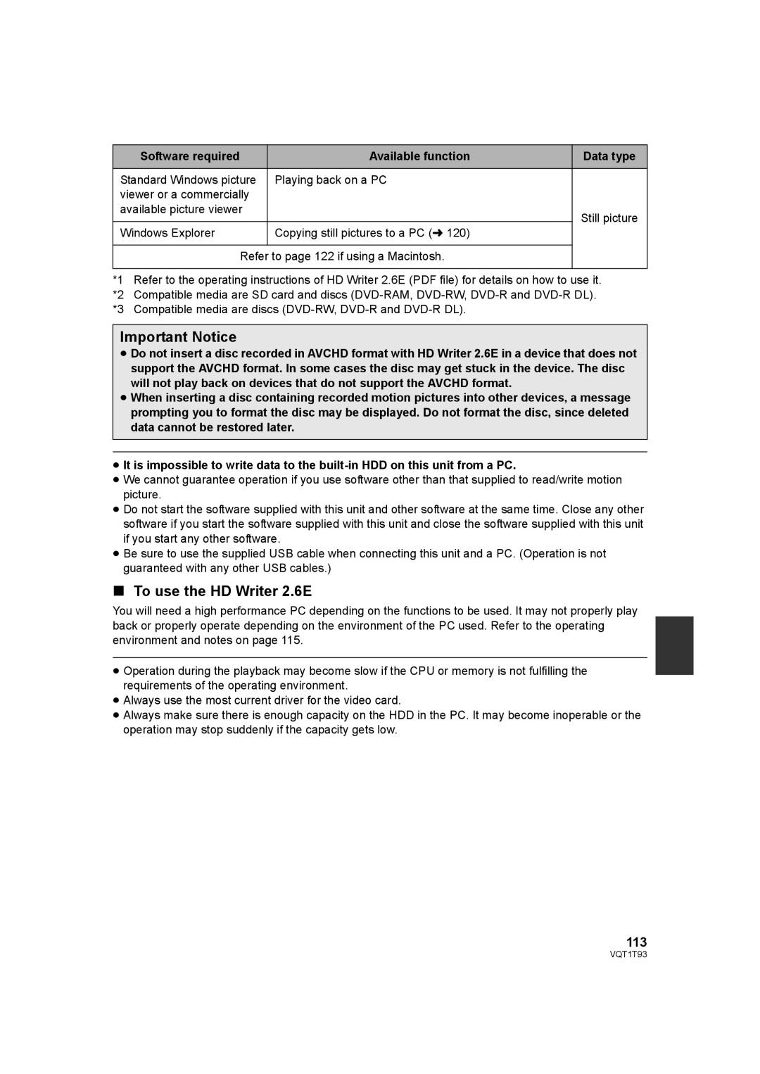 Panasonic HDC-HS100PC operating instructions To use the HD Writer 2.6E, 113, Software required Available function Data type 