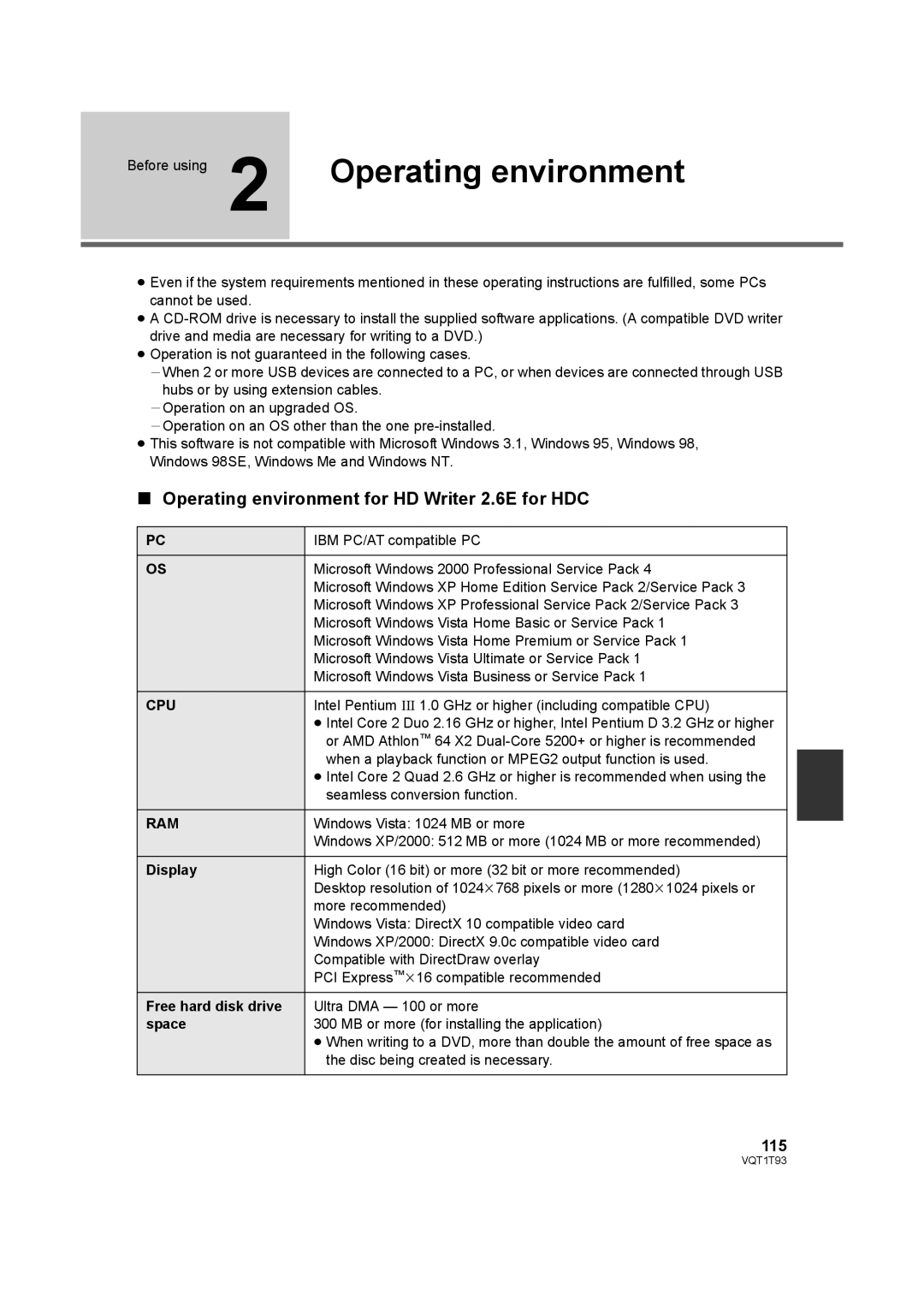 Panasonic HDC-HS100PC operating instructions Operating environment for HD Writer 2.6E for HDC, 115, Cpu, Ram 