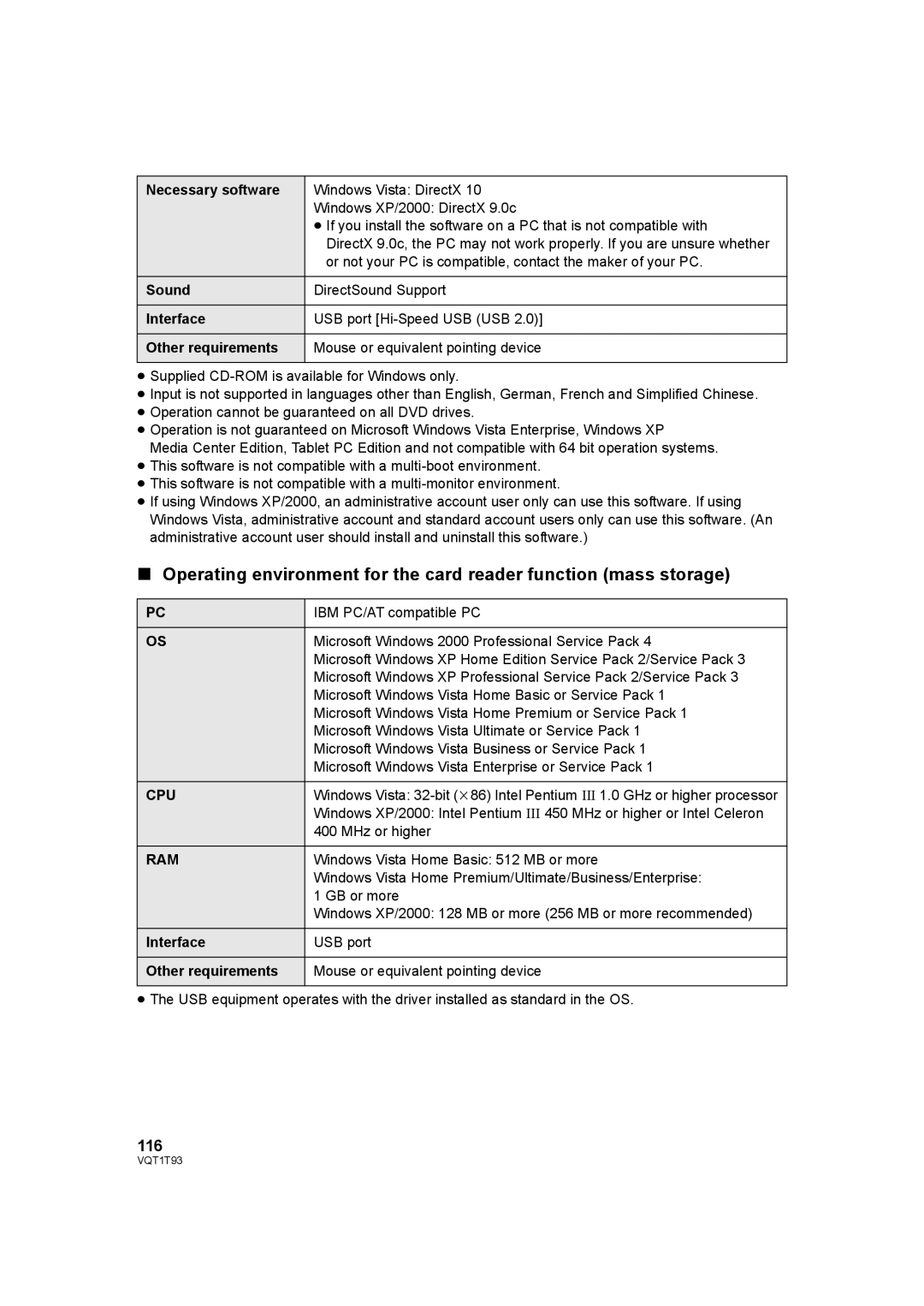 Panasonic HDC-HS100PC operating instructions 116, Necessary software, Sound, Interface, Other requirements 