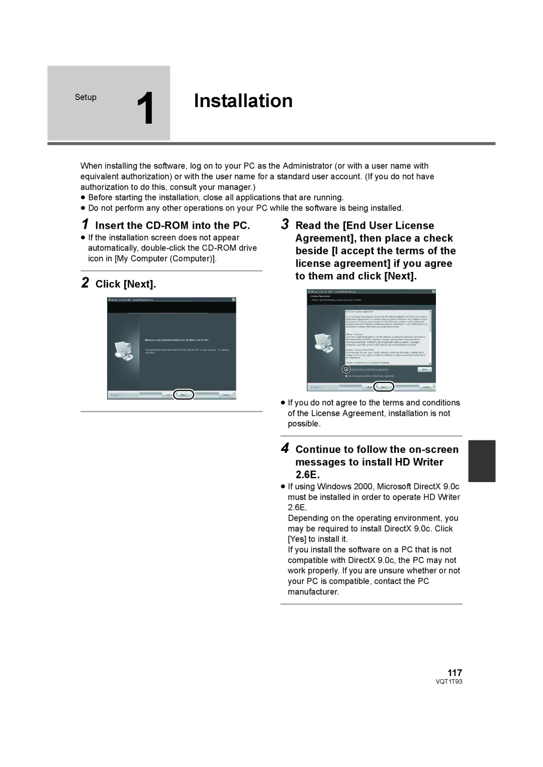 Panasonic HDC-HS100PC operating instructions Setup 1 Installation, Insert the CD-ROM into the PC, 117 