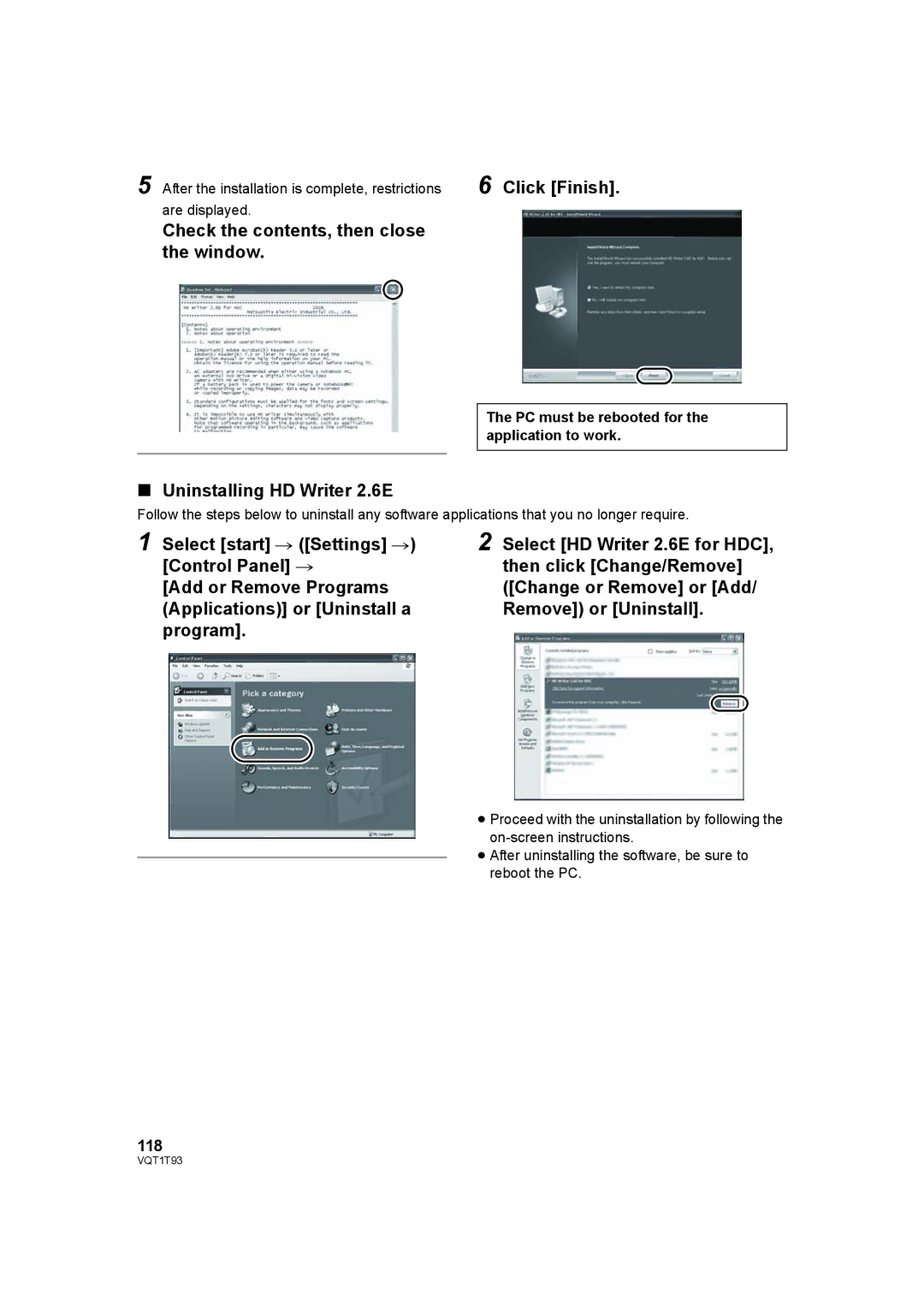 Panasonic HDC-HS100PC Click Finish, Check the contents, then close Window, Uninstalling HD Writer 2.6E, 118 