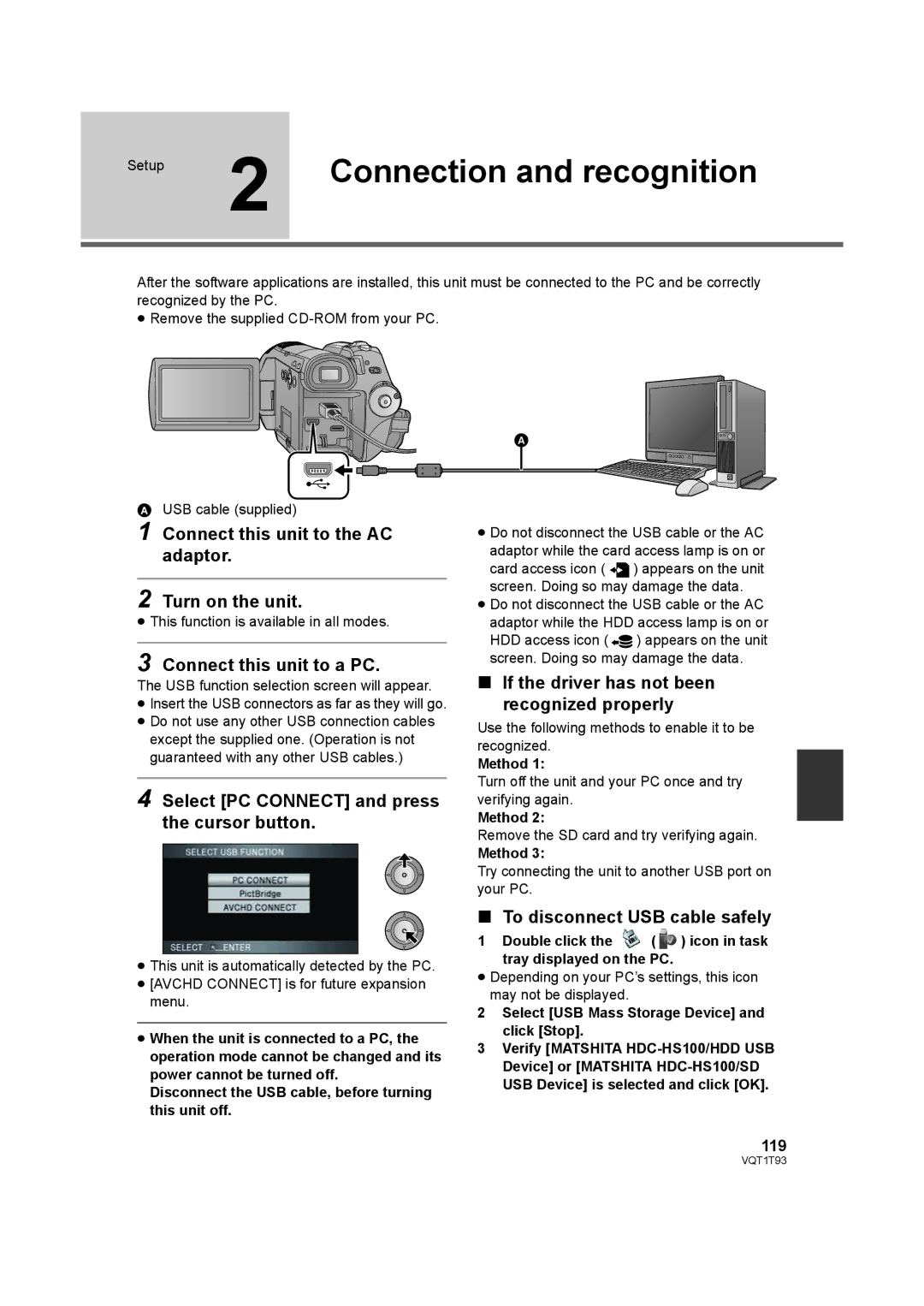 Panasonic HDC-HS100PC operating instructions Connection and recognition 