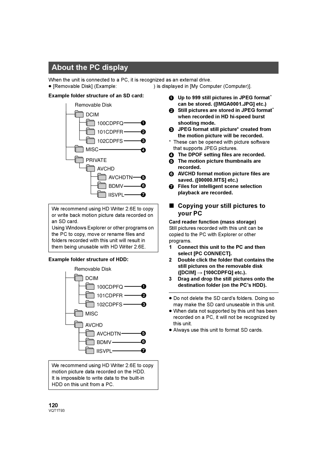 Panasonic HDC-HS100PC operating instructions About the PC display, Copying your still pictures to your PC, 120 