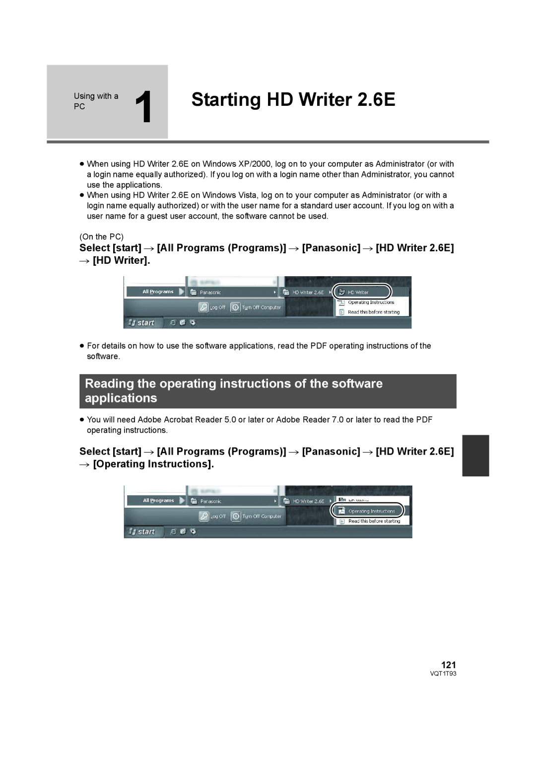 Panasonic HDC-HS100PC operating instructions Starting HD Writer 2.6E, 121 