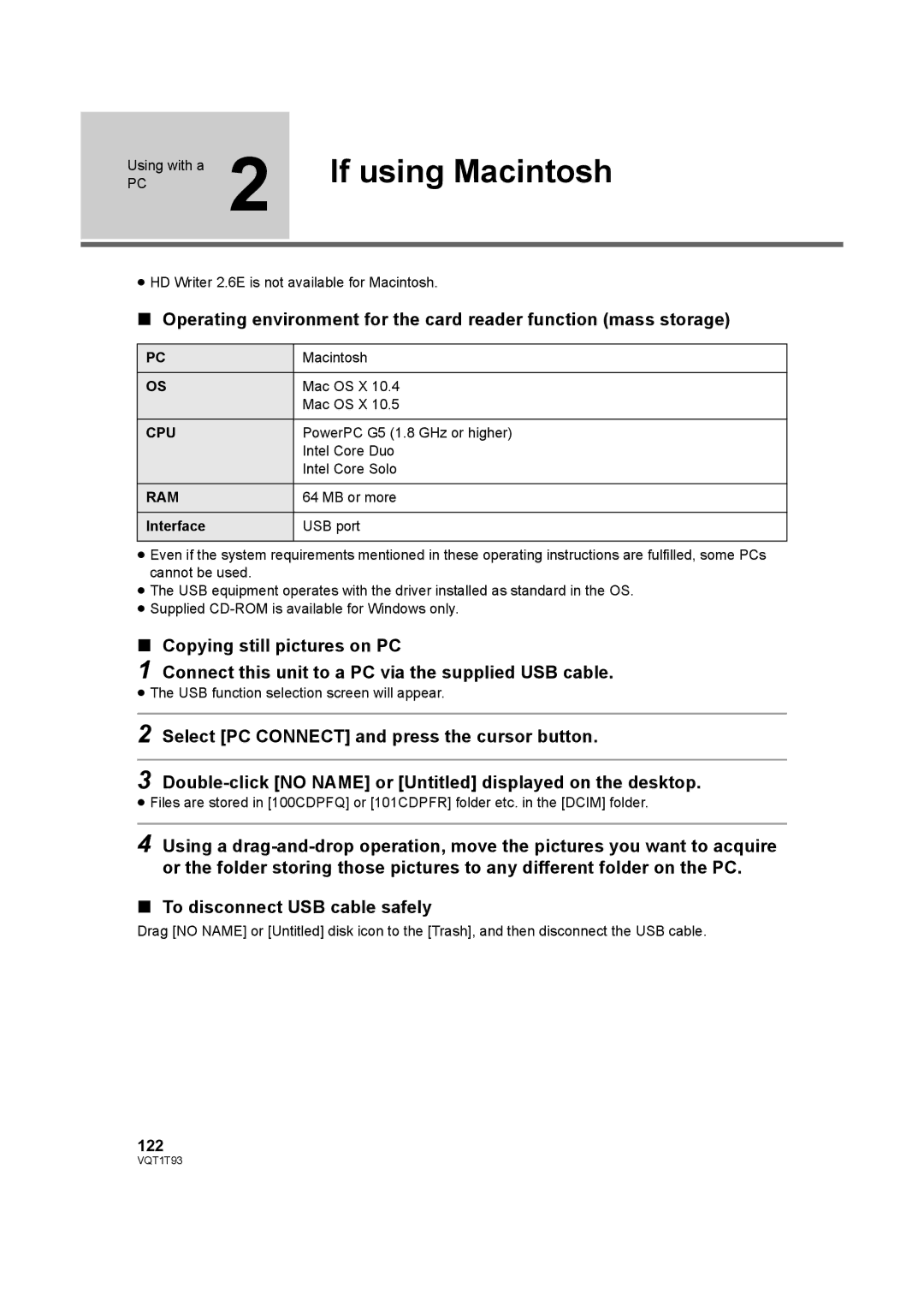 Panasonic HDC-HS100PC operating instructions If using Macintosh, 122 