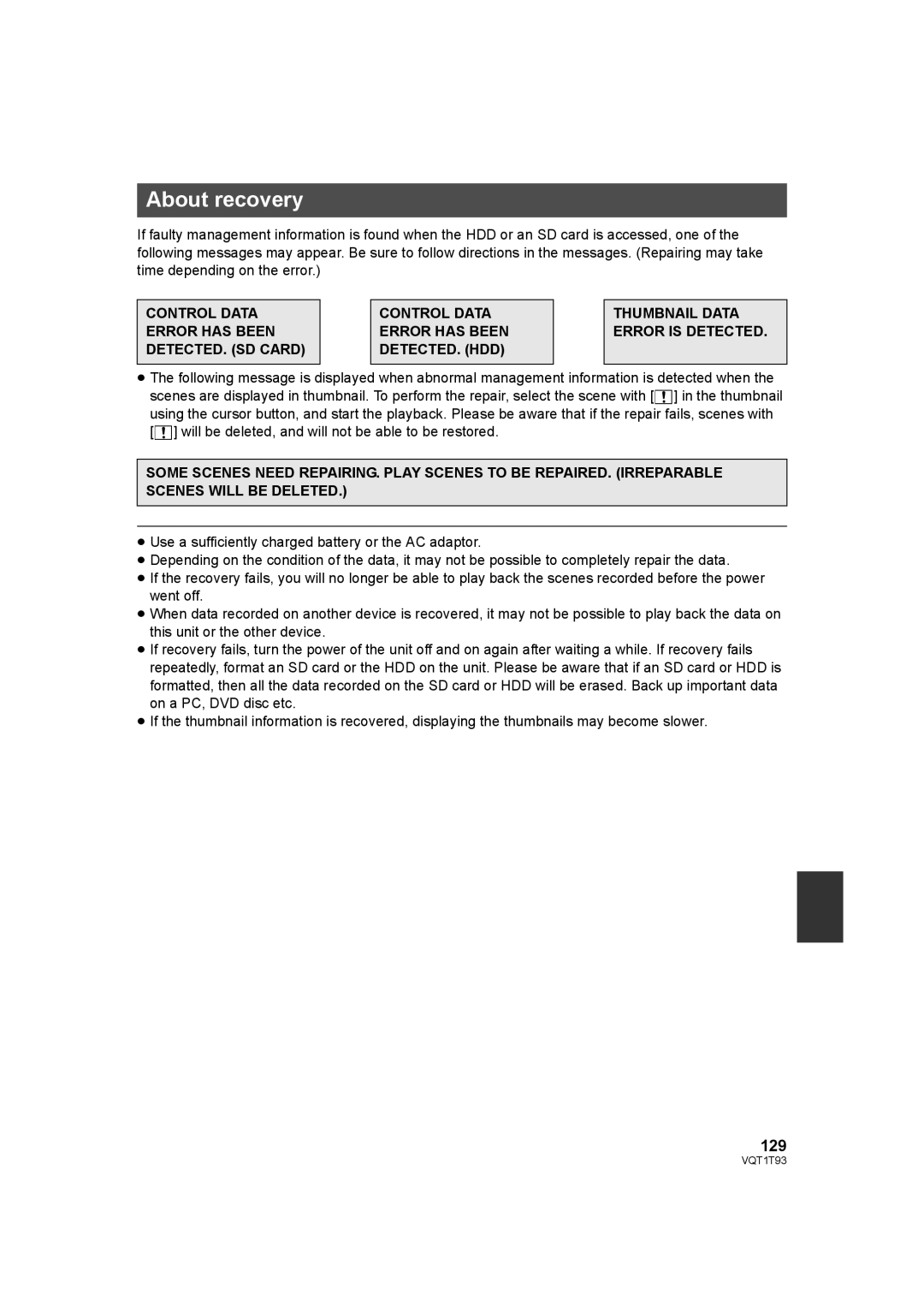 Panasonic HDC-HS100PC operating instructions About recovery, 129 