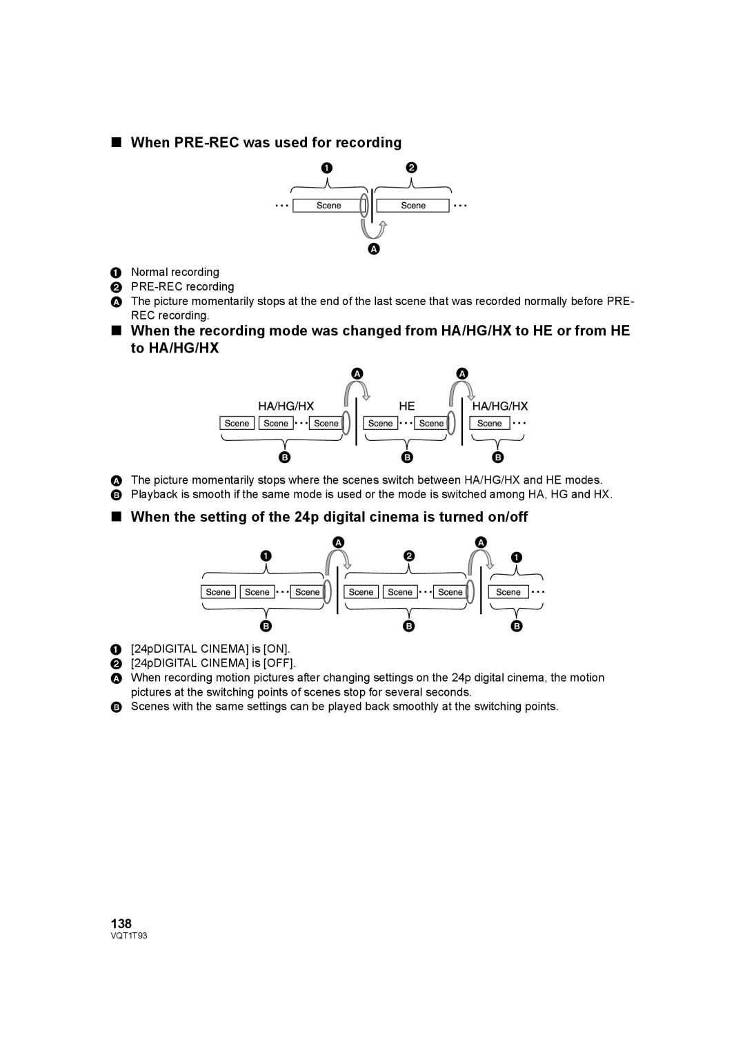 Panasonic HDC-HS100P When PRE-REC was used for recording, When the setting of the 24p digital cinema is turned on/off, 138 