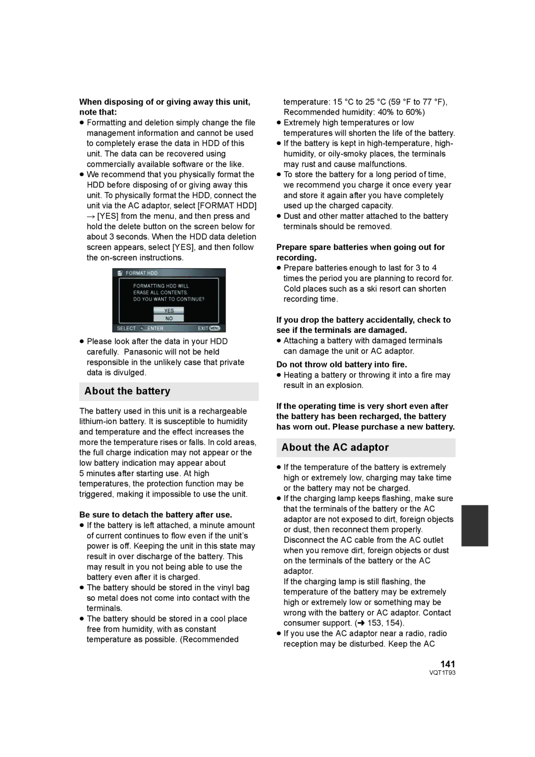 Panasonic HDC-HS100PC operating instructions About the battery, About the AC adaptor, 141 