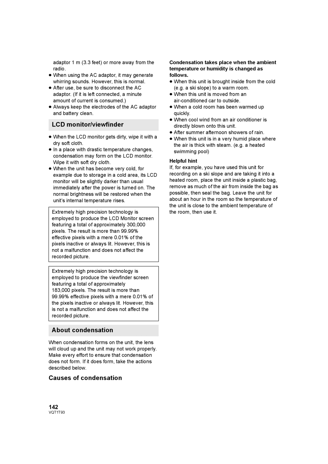 Panasonic HDC-HS100PC LCD monitor/viewfinder, About condensation, Causes of condensation, 142, Helpful hint 