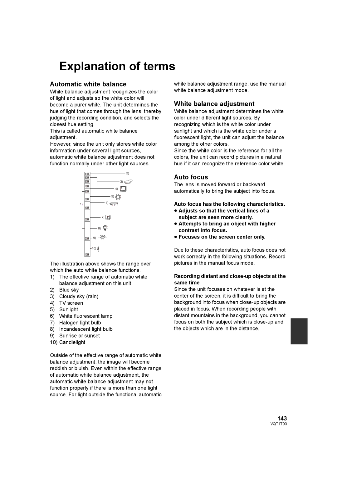 Panasonic HDC-HS100PC Explanation of terms, Automatic white balance, White balance adjustment, Auto focus, 143 