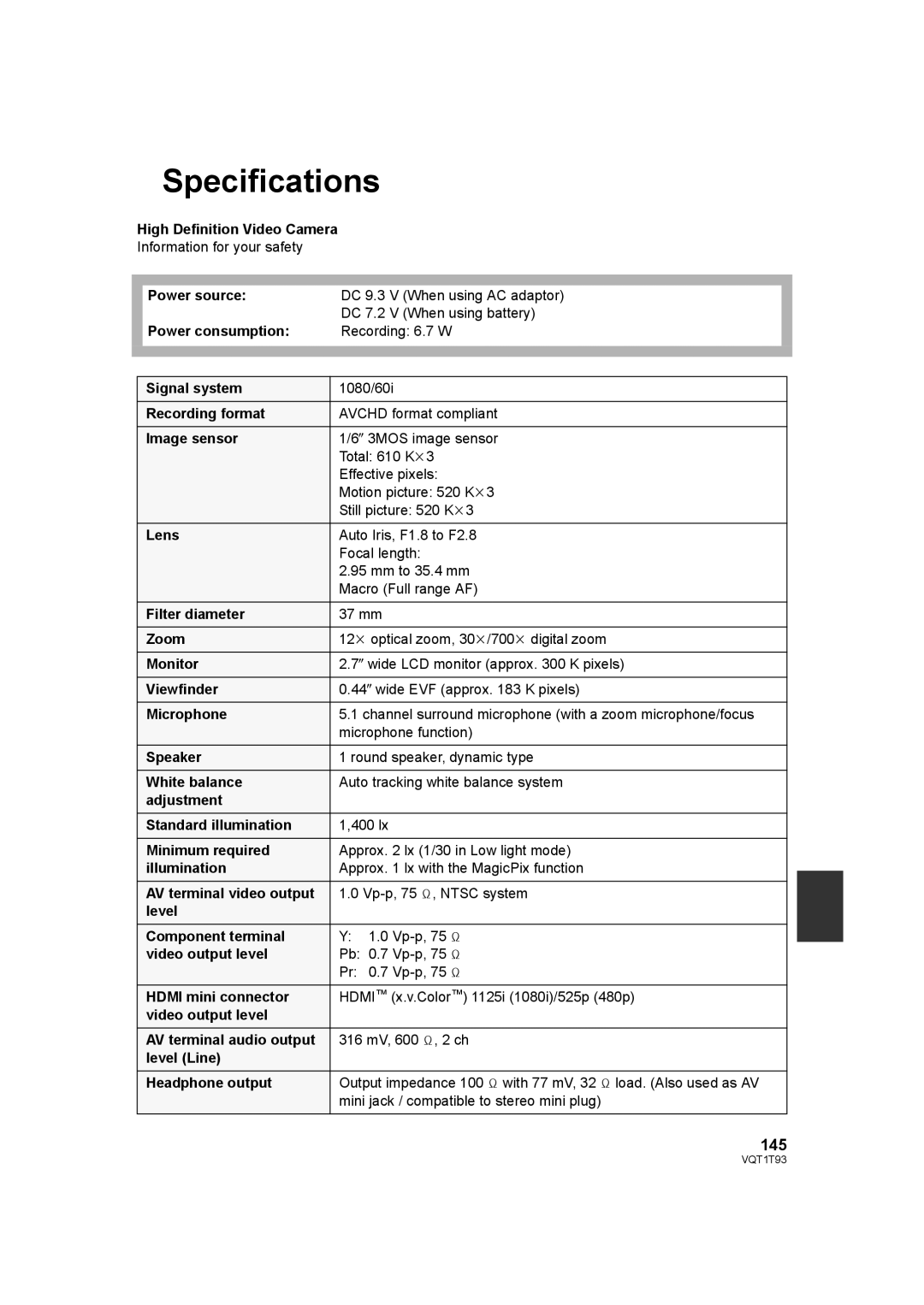 Panasonic HDC-HS100PC operating instructions Specifications, 145 