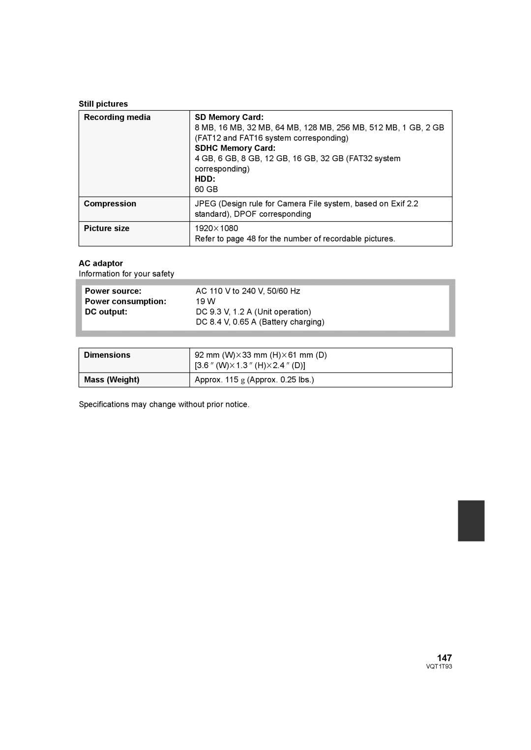 Panasonic HDC-HS100PC operating instructions 147, Still pictures Recording media SD Memory Card, DC output 