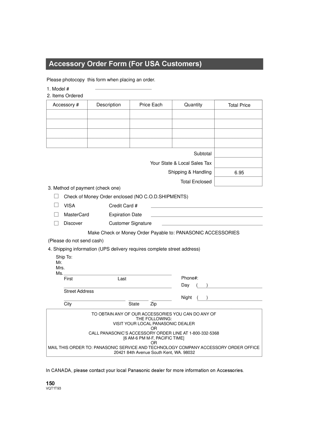 Panasonic HDC-HS100PC operating instructions Accessory Order Form For USA Customers, 150, Visa 