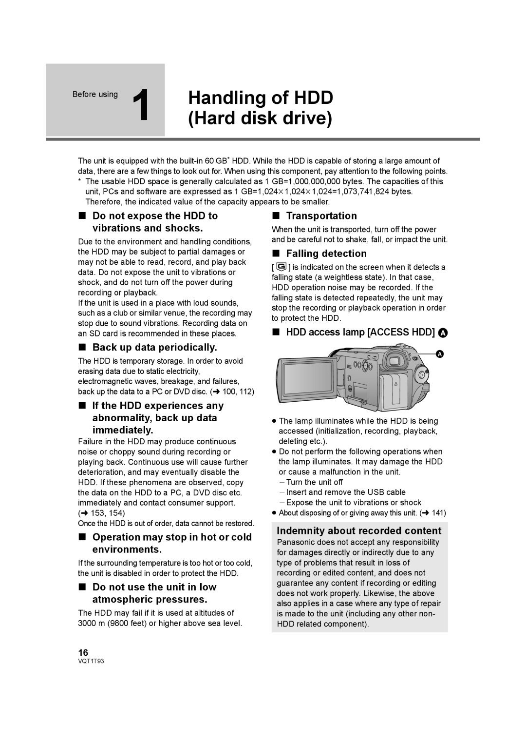 Panasonic HDC-HS100PC operating instructions Handling of HDD, Hard disk drive 