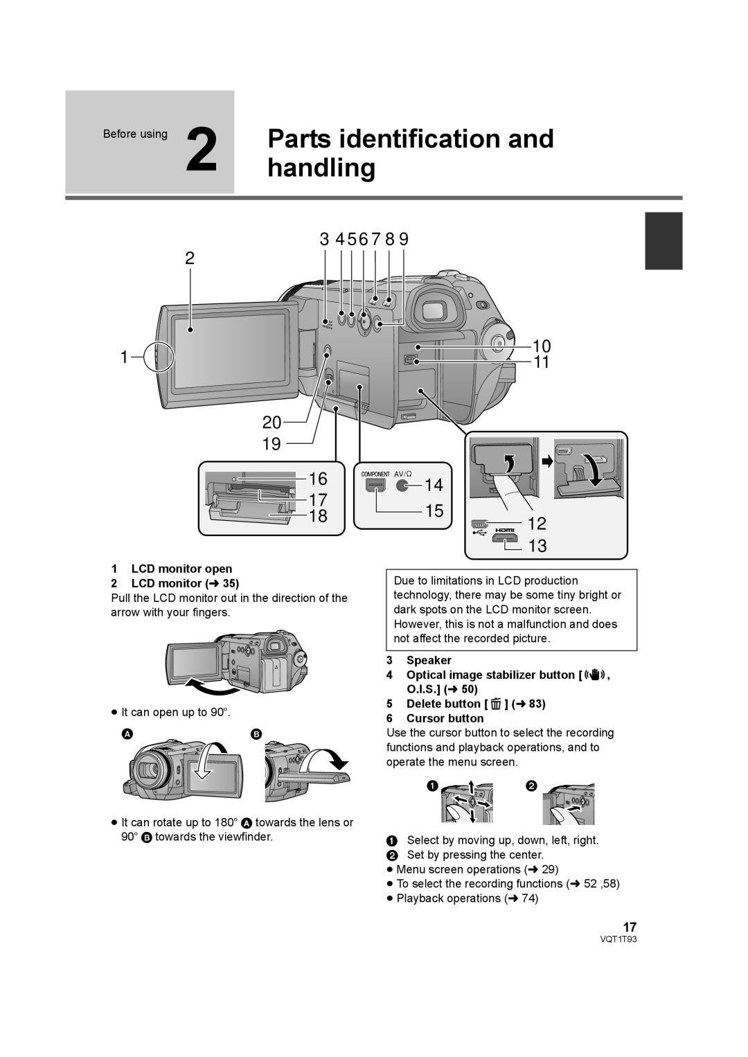 Panasonic HDC-HS100PC operating instructions Parts identification, Handling, LCD monitor open LCD monitor l 