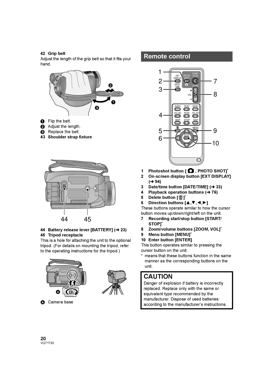 Panasonic HDC-HS100PC operating instructions Remote control, Grip belt 