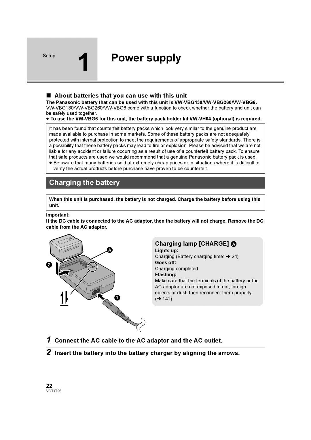 Panasonic HDC-HS100PC Power supply, Charging the battery, About batteries that you can use with this unit 