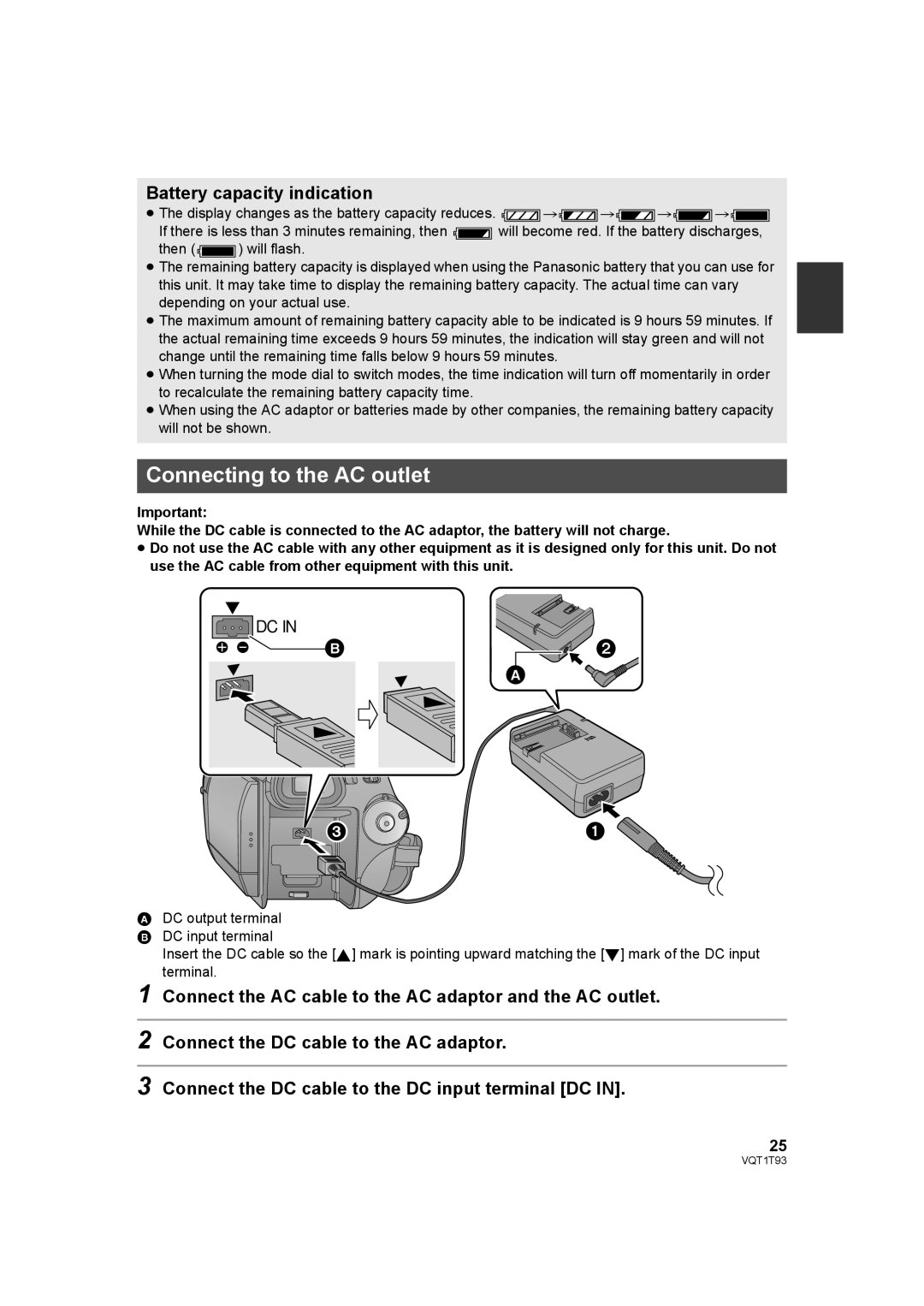 Panasonic HDC-HS100PC operating instructions Connecting to the AC outlet, Battery capacity indication 