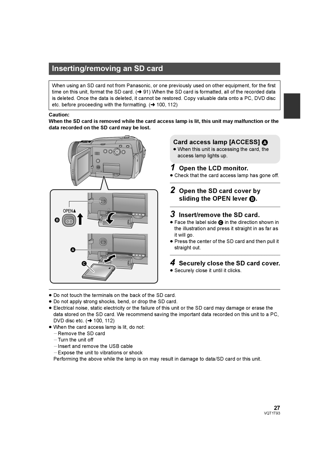 Panasonic HDC-HS100PC operating instructions Inserting/removing an SD card, Card access lamp Access a, Open the LCD monitor 