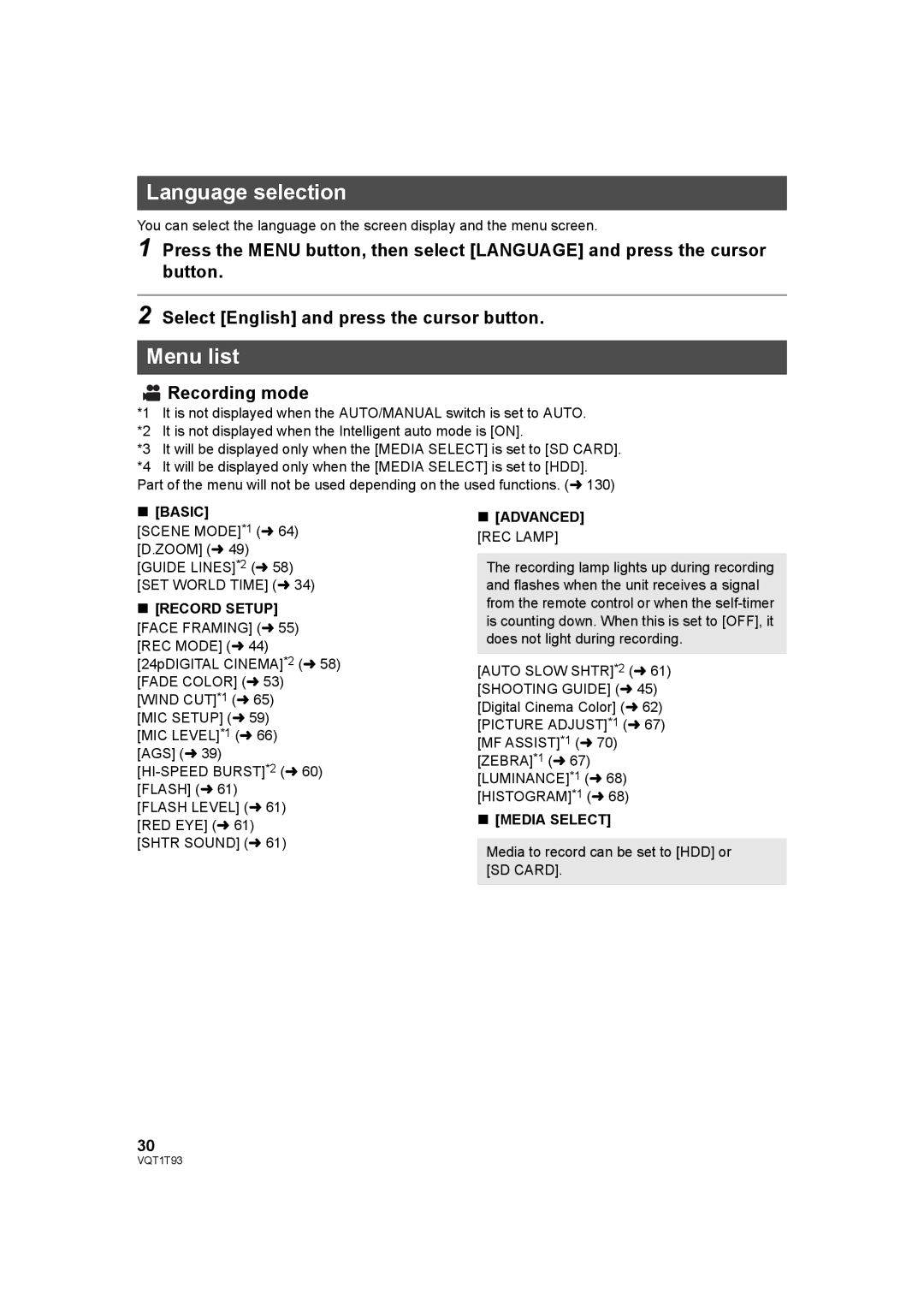 Panasonic HDC-HS100PC operating instructions Language selection, Menu list, Recording mode 