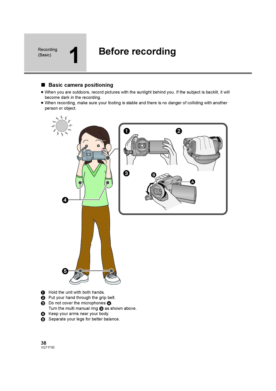 Panasonic HDC-HS100PC operating instructions Before recording, Basic camera positioning 