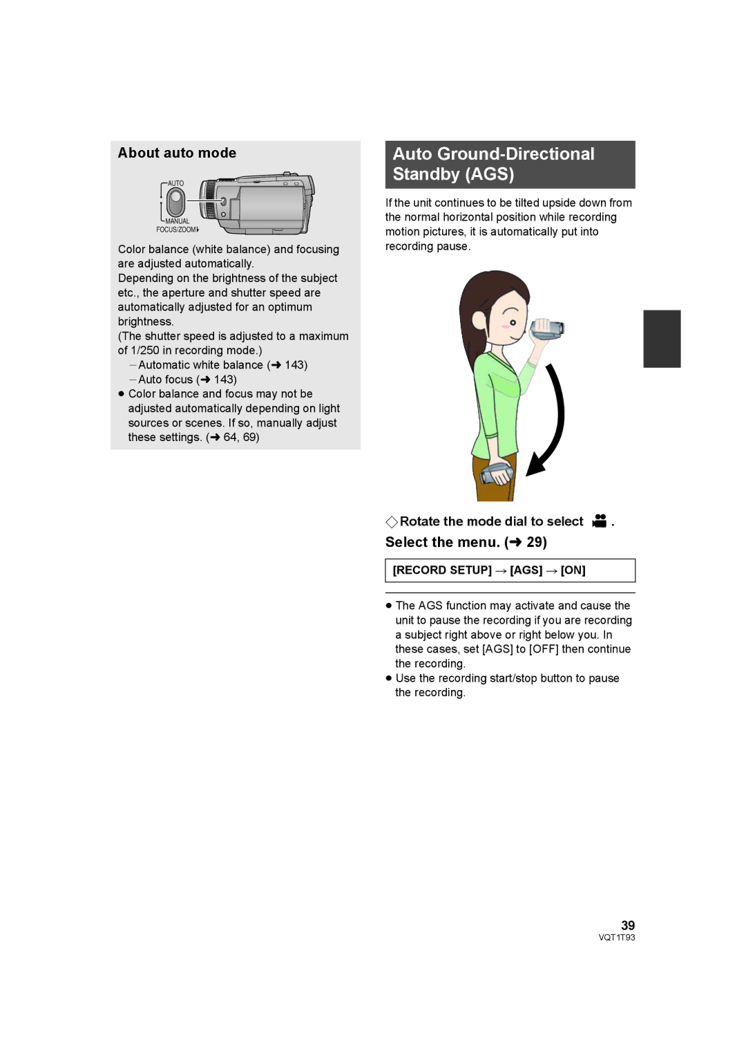 Panasonic HDC-HS100PC operating instructions Auto Ground-Directional Standby AGS, About auto mode, Record Setup # AGS # on 