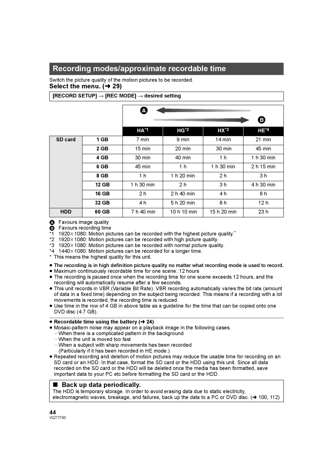 Panasonic HDC-HS100PC operating instructions Recording modes/approximate recordable time, Hdd 