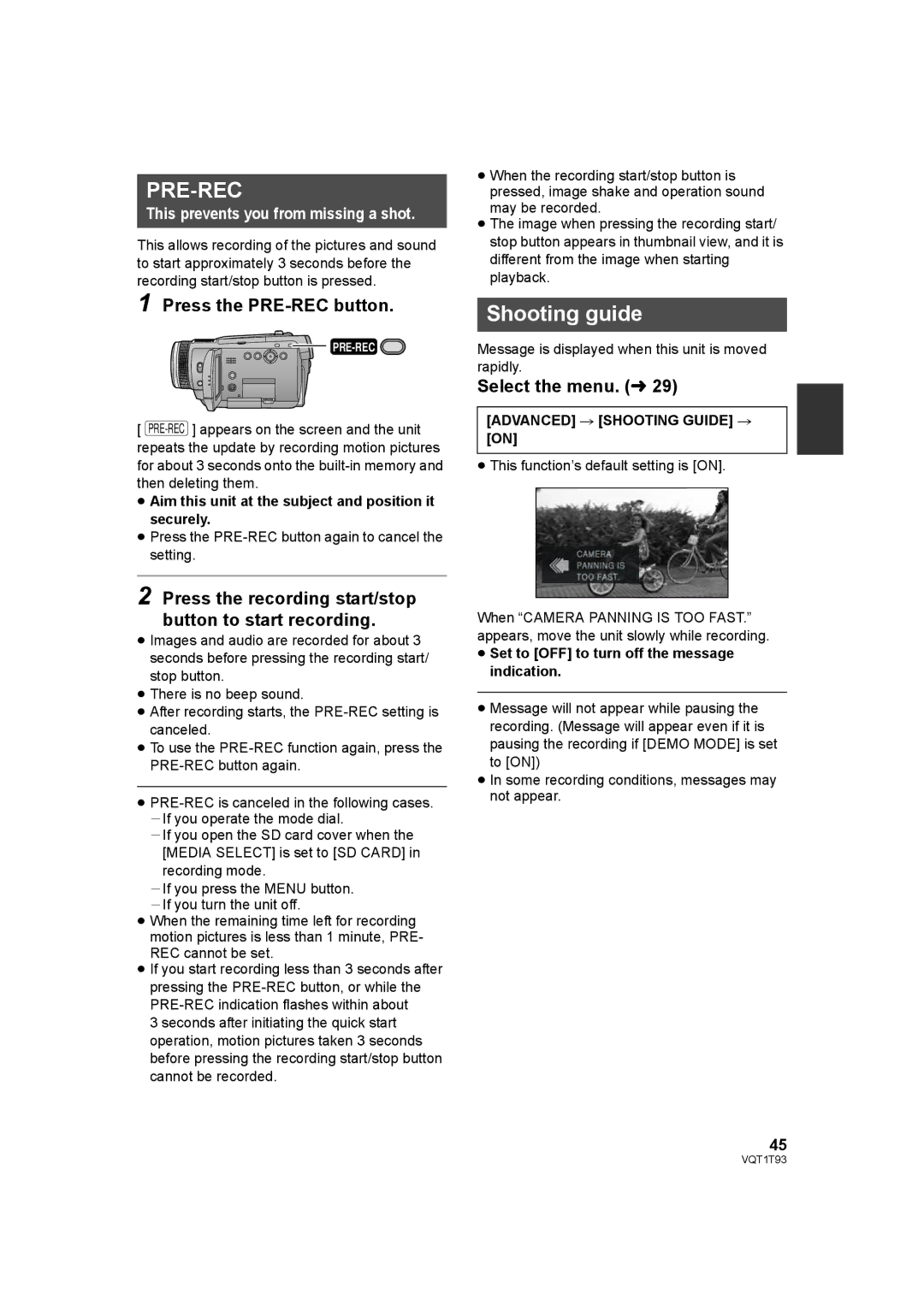 Panasonic HDC-HS100PC Shooting guide, Press the PRE-REC button, ≥ Aim this unit at the subject and position it securely 