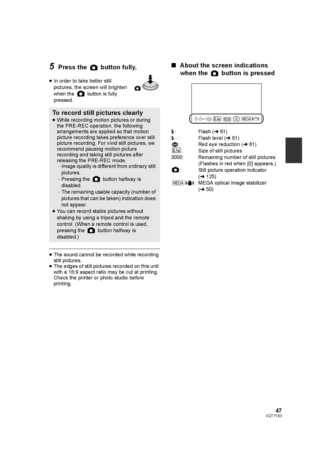 Panasonic HDC-HS100PC operating instructions Press the button fully, To record still pictures clearly 