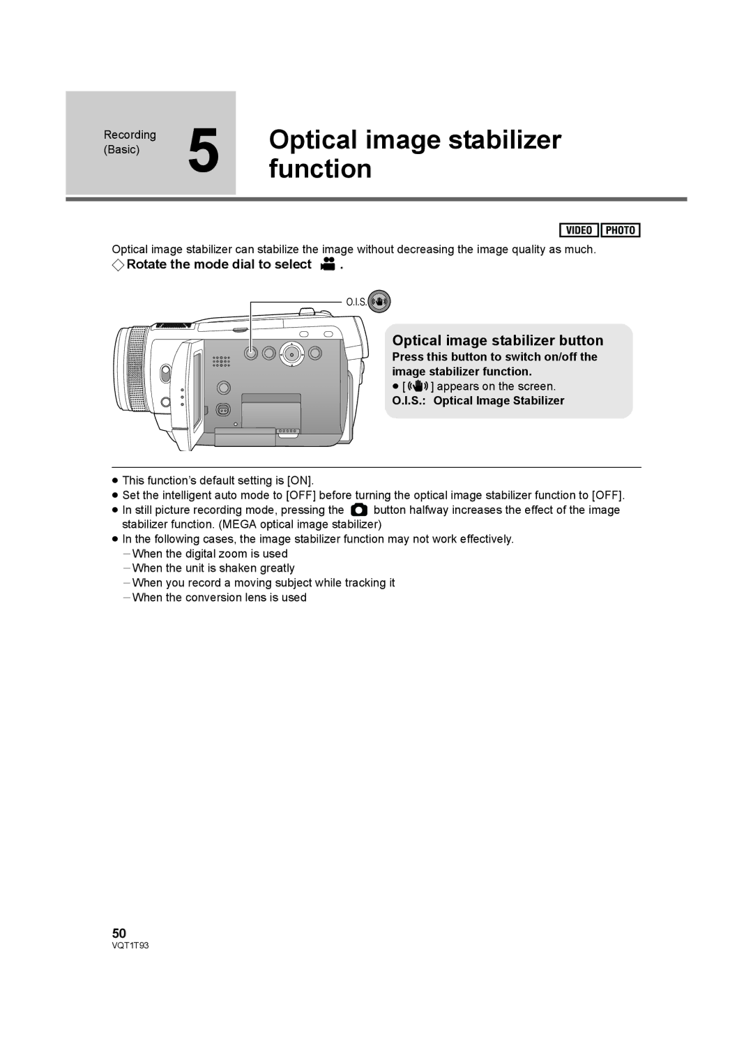 Panasonic HDC-HS100PC operating instructions Function, Optical image stabilizer button, S. Optical Image Stabilizer 