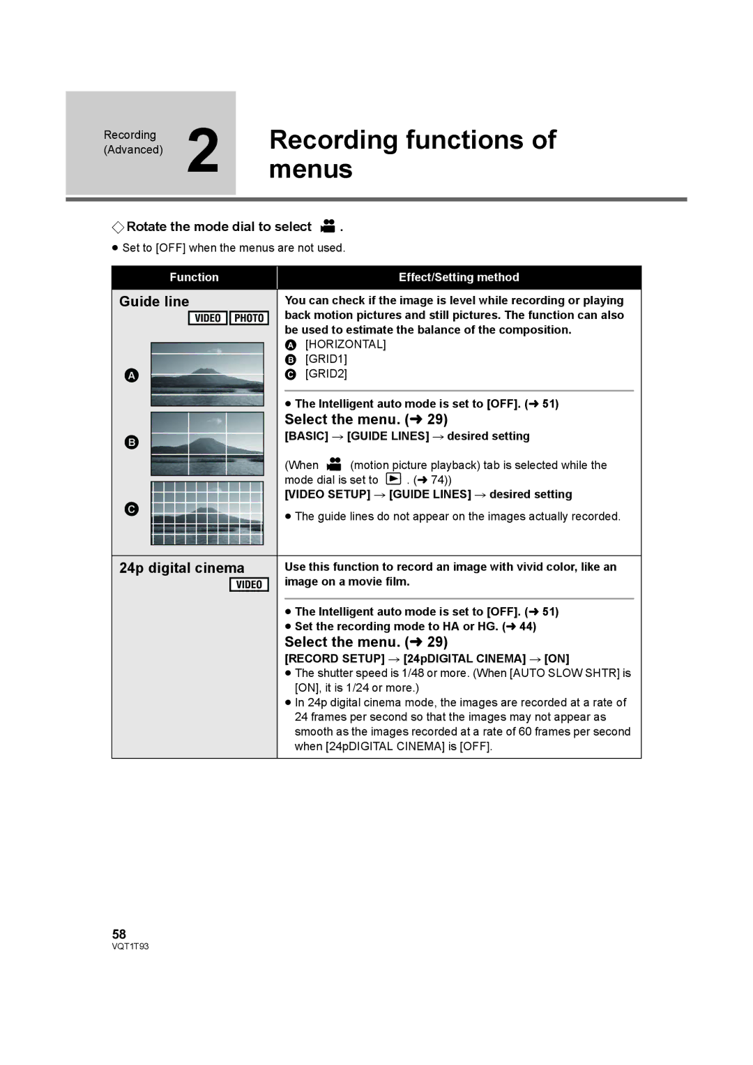 Panasonic HDC-HS100PC operating instructions MenusRecording functions, Guide line, 24p digital cinema 